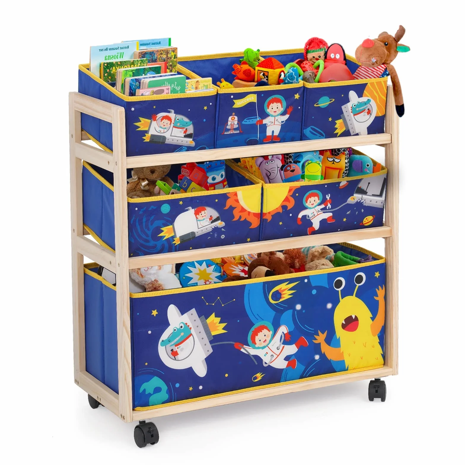 NUKied Estantería Infantil para Juguetes y Libros con Ruedas,6 Cajas de Tela no Tejida Extraíbles, para Sala de Juegos,Escuela, 64x 28 x 60 cm,Patrón Pequeño Monstruo