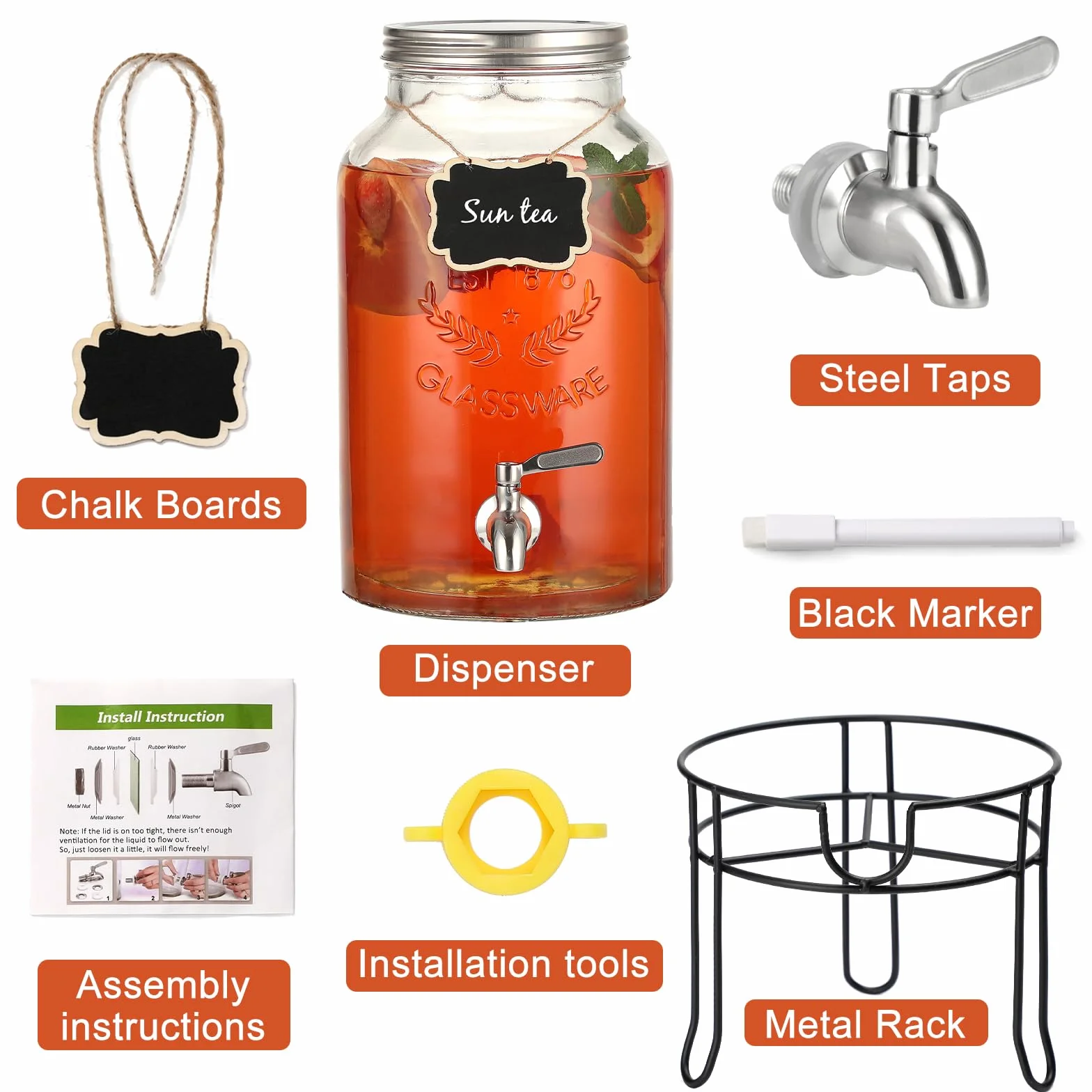 Dispensador de bebidas de vidrio de 1.5 galones con soporte, espiga impermeable de acero inoxidable y tapa, dispensadores de bebidas de vidrio para fiestas, dispensador de bebidas de agua