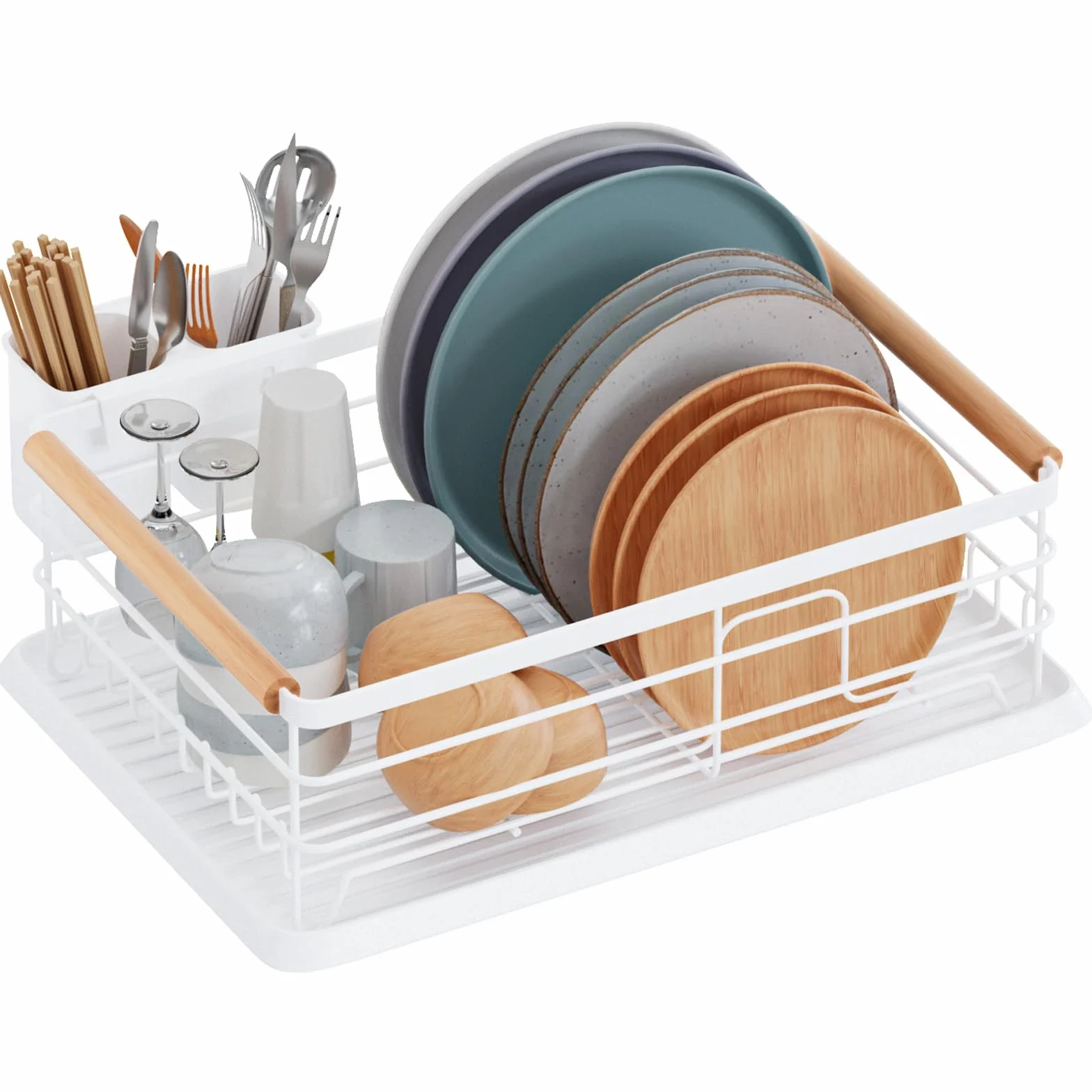 BRIAN & DANY Escurreplatos con Mango de Madera, Escurridor de Platos, Soportes para Platos, 42 x 30 x 15 cm, Blanco