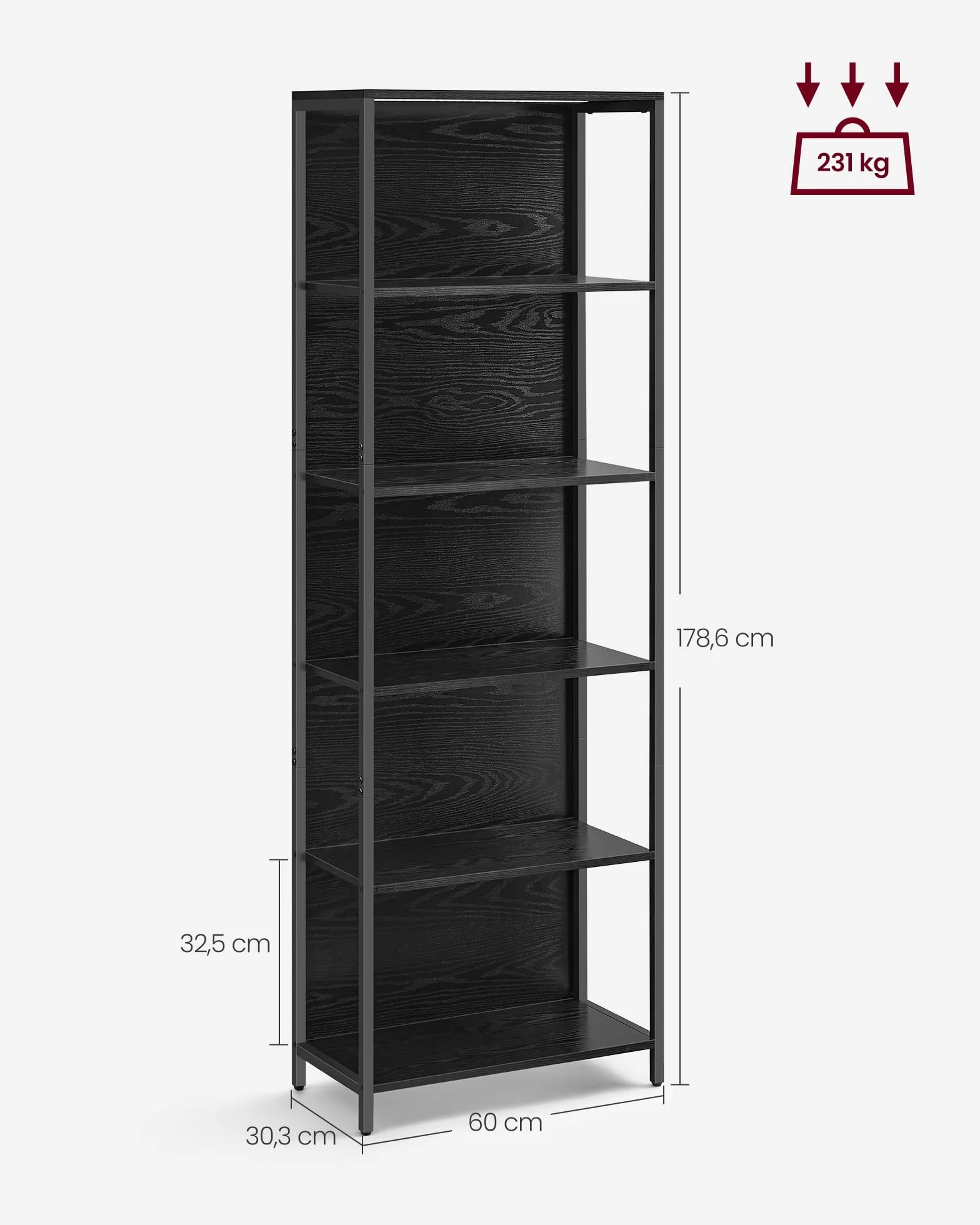 VASAGLE Estantería de 6 Niveles con Luz LED, Librería con Luces Ajustables, Marco de Acero, 30,3 x 60 x 178,6 cm, para Sala de Estar, Dormitorio, Oficina, Negro Ébano LLS120B57