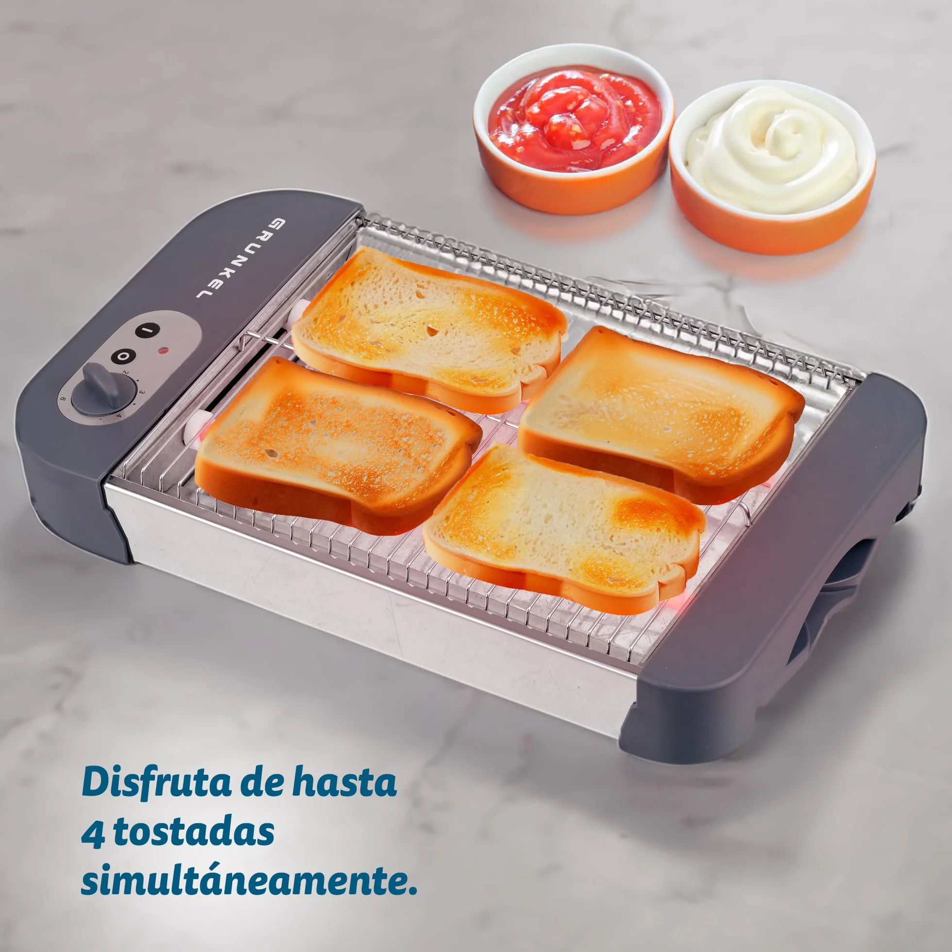 Grunkel Tostadora de pan plana 4 rebanadas 600W 6 niveles temporizador señal acústica bandeja recogemigas extraíble