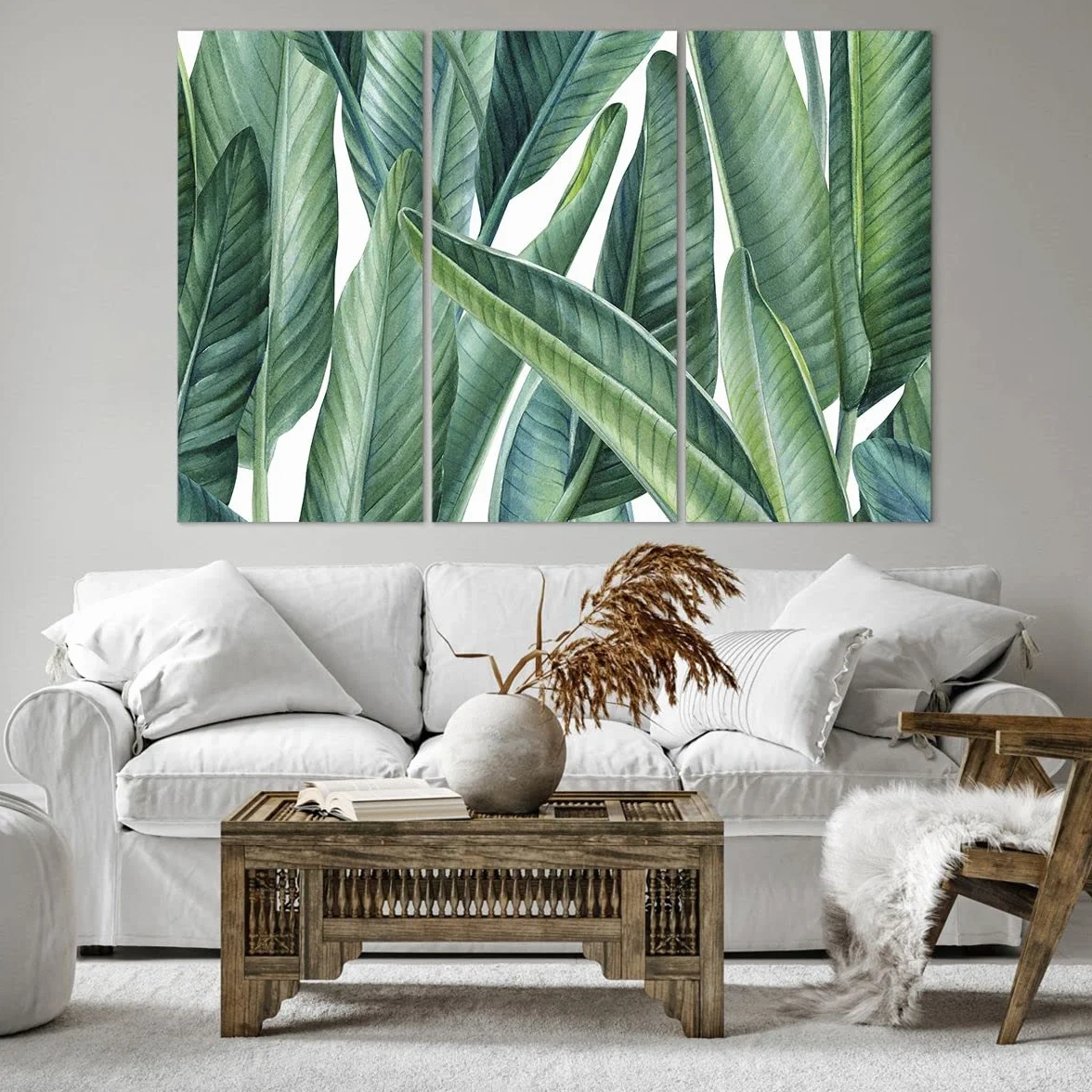 Lienzos decorativos 165x110cm Cuadro Sobre Lienzo Moderno exótico hojas verde Grande XXL Dormitorio Cuadros Pared Imágenes Tríptico 3 Piezas Cuadros Decoracion Salon Wall Art Prints CE165x110-4258