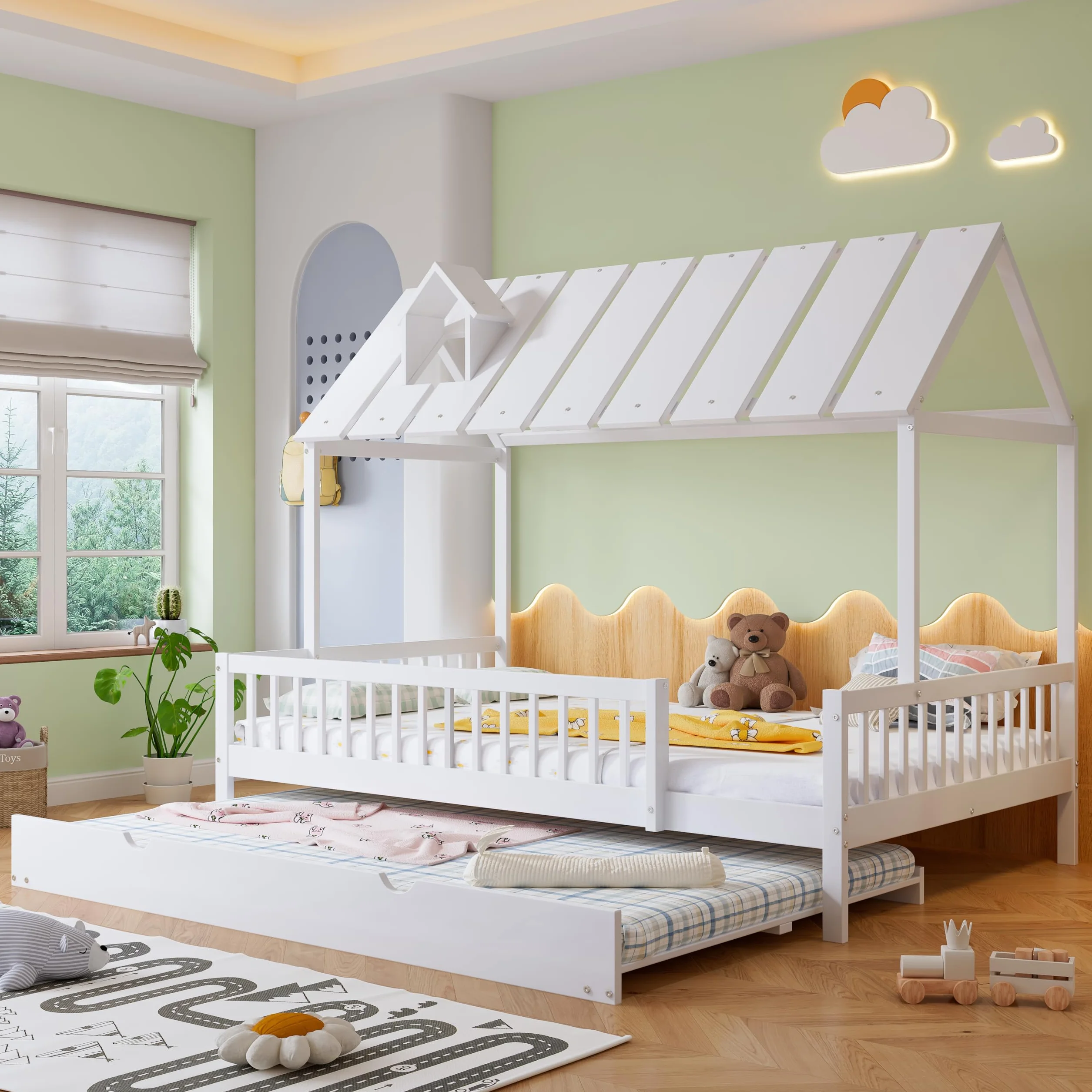 LAKFEW Cama Casita Cama Infantil 120x200 cm con Cama Nido, Camas Montessori Infantil con Techo y Barandilla de Seguridad, Camas Infantiles para 2 Niños, Blanco, Sin Colchón