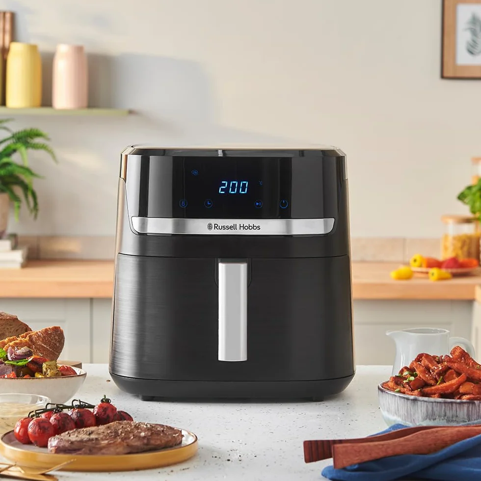 Russell Hobbs Freidora de Aire, Air Fryer, Freidora sin Aceite 8,3 L, XXL [tamaño compacto, bajo nivel ruido, pizzas de 26 cm] Satisfry (piezas aptas lavavajillas, pantalla táctil, grill) 27632-56