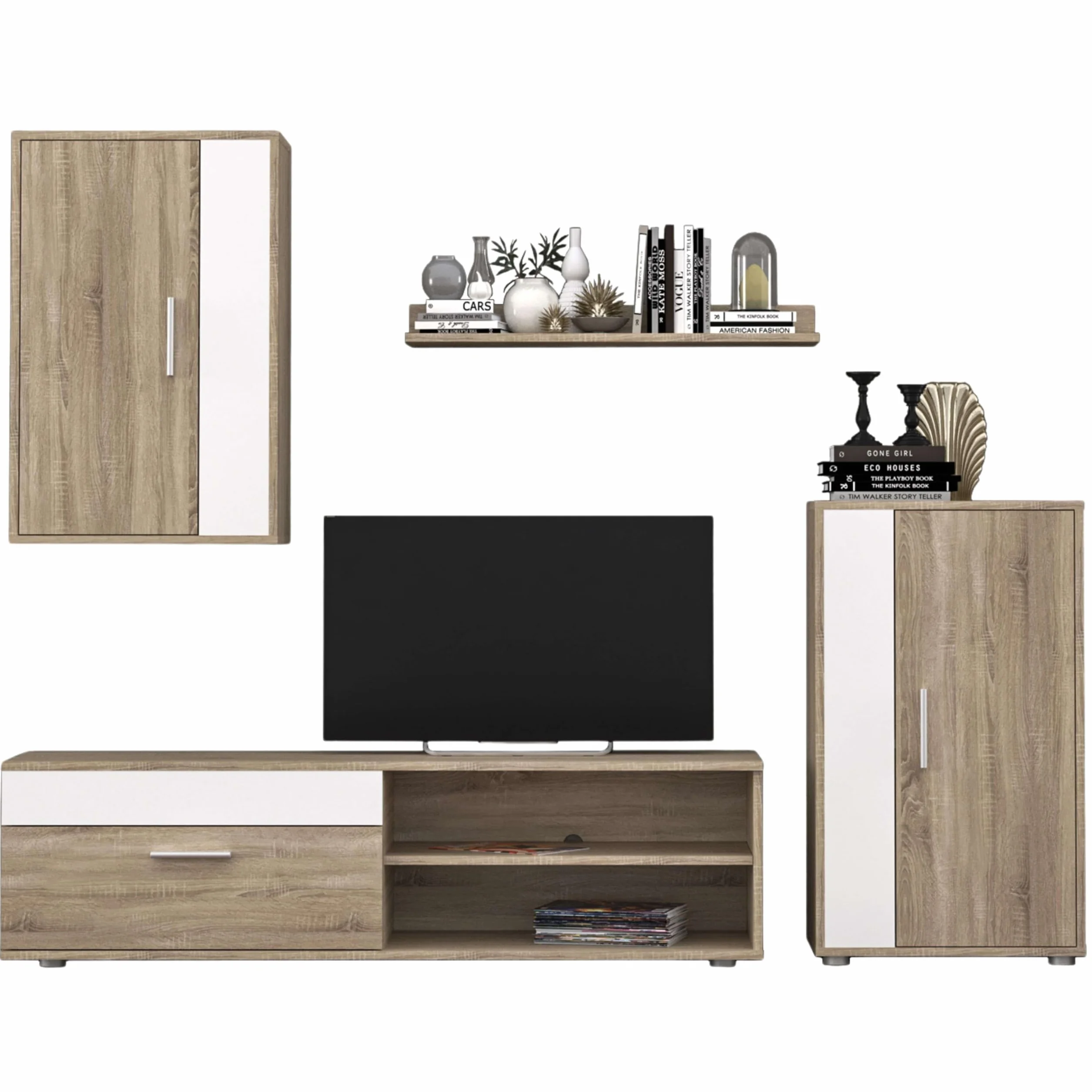 Miroytengo Muebles de Salón Comedor Estilo Nórdico: Módulo TV, 2 Armarios, Estante, Color Blanco y Roble Sonoma