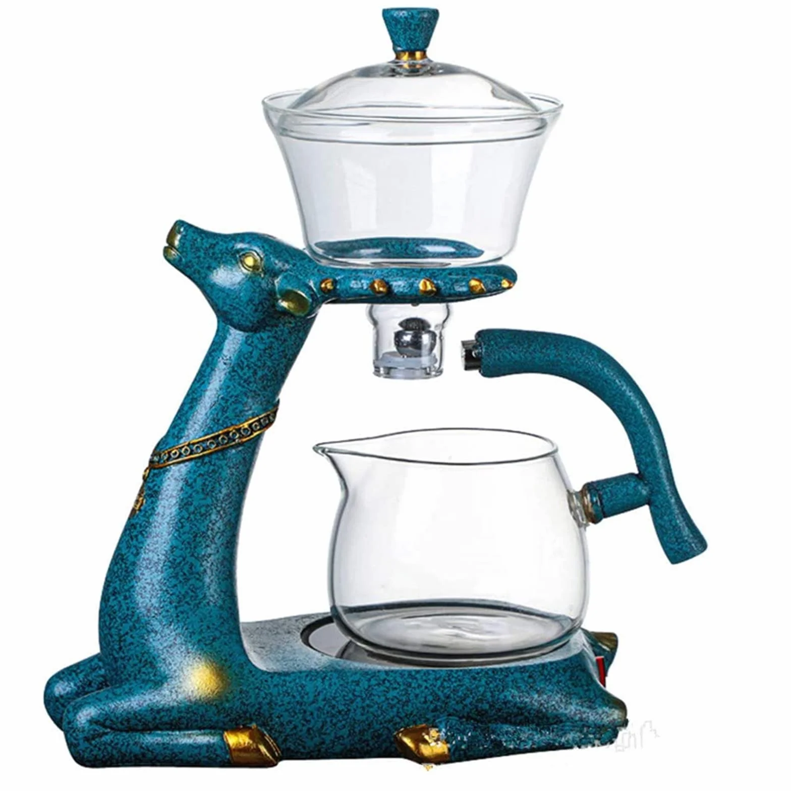 RORA - Juego de té de cristal resistente al calor Kungfu con calefacción magnética, tapa giratoria, cuenco perezoso semiautomático de vidrio de ciervo (tetera con 6 tazas)