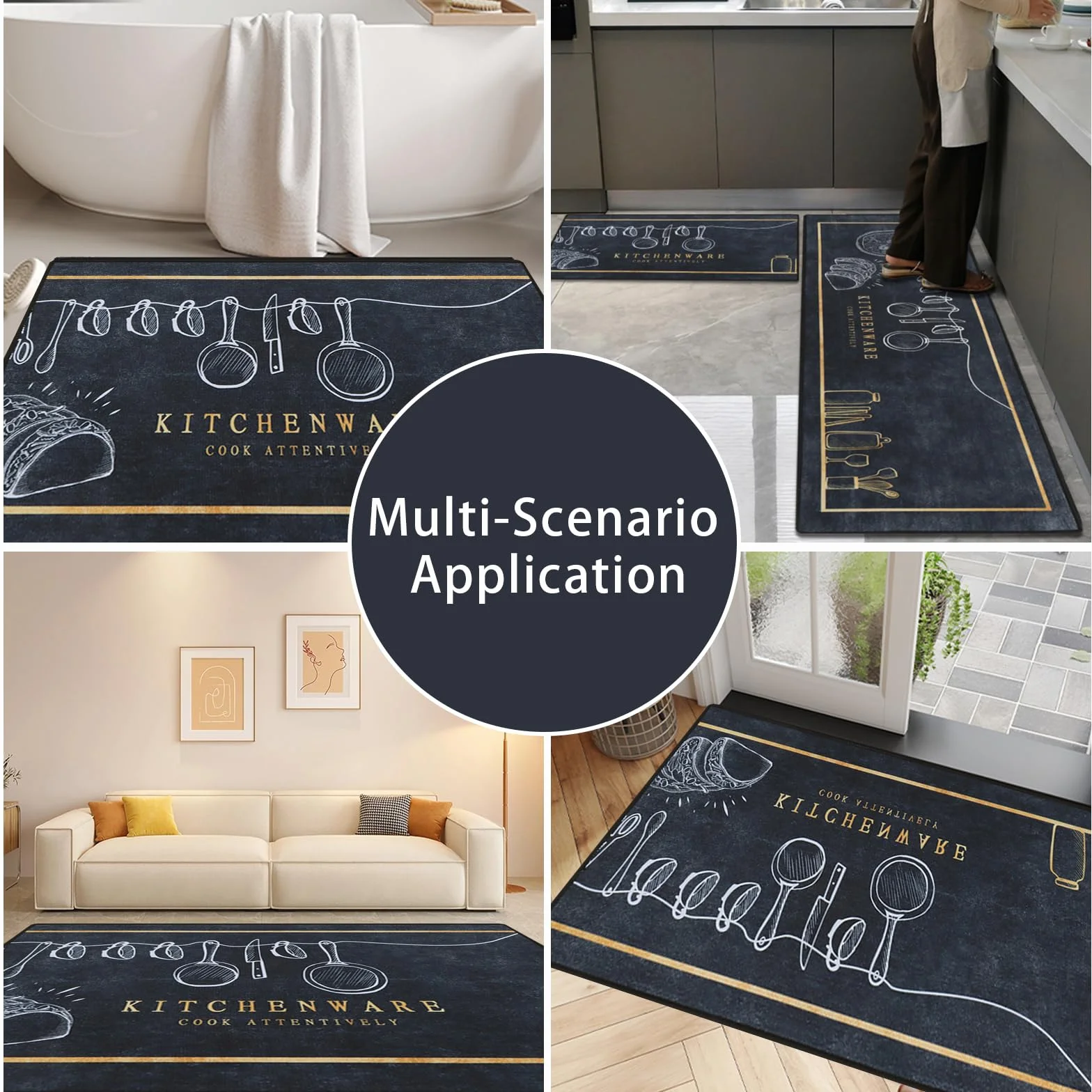 Juego de alfombras de Cocina,2 Piezas Antideslizantes Lavables Alfombrillas de Cocina y alfombras Runner Set,Lavable alfombras de Piso,Negro,40x60+40x120cm