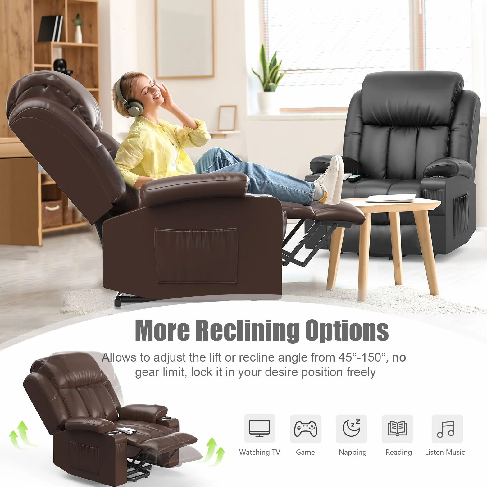 YONISEE Sillon Relax Reclinable 150º Sillón Masaje Con Calefacción, Función Auto-Ayuda (Levanta Personas), Puerto USB+Tipo C, Portavasos Bolsillos Laterales Sillones Reclinables Electricos Butaca Sofa