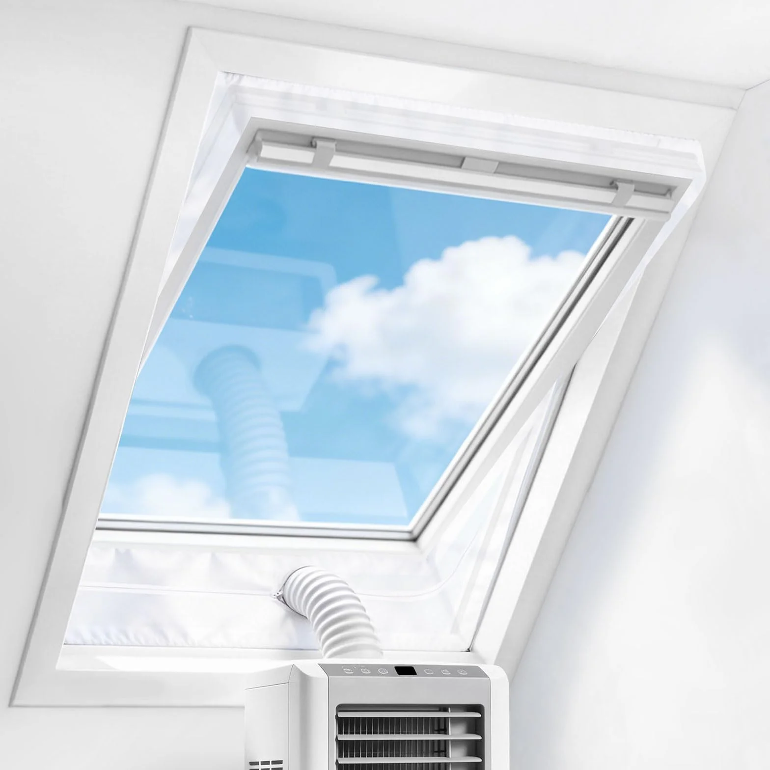 Sellador de ventanas para climatizadores móviles, Hot Air Stop para colocar en ventanas oscilantes, aire acondicionado, sellado de ventanas de techo para máx. 380 cm, contorno de ventana 2 x