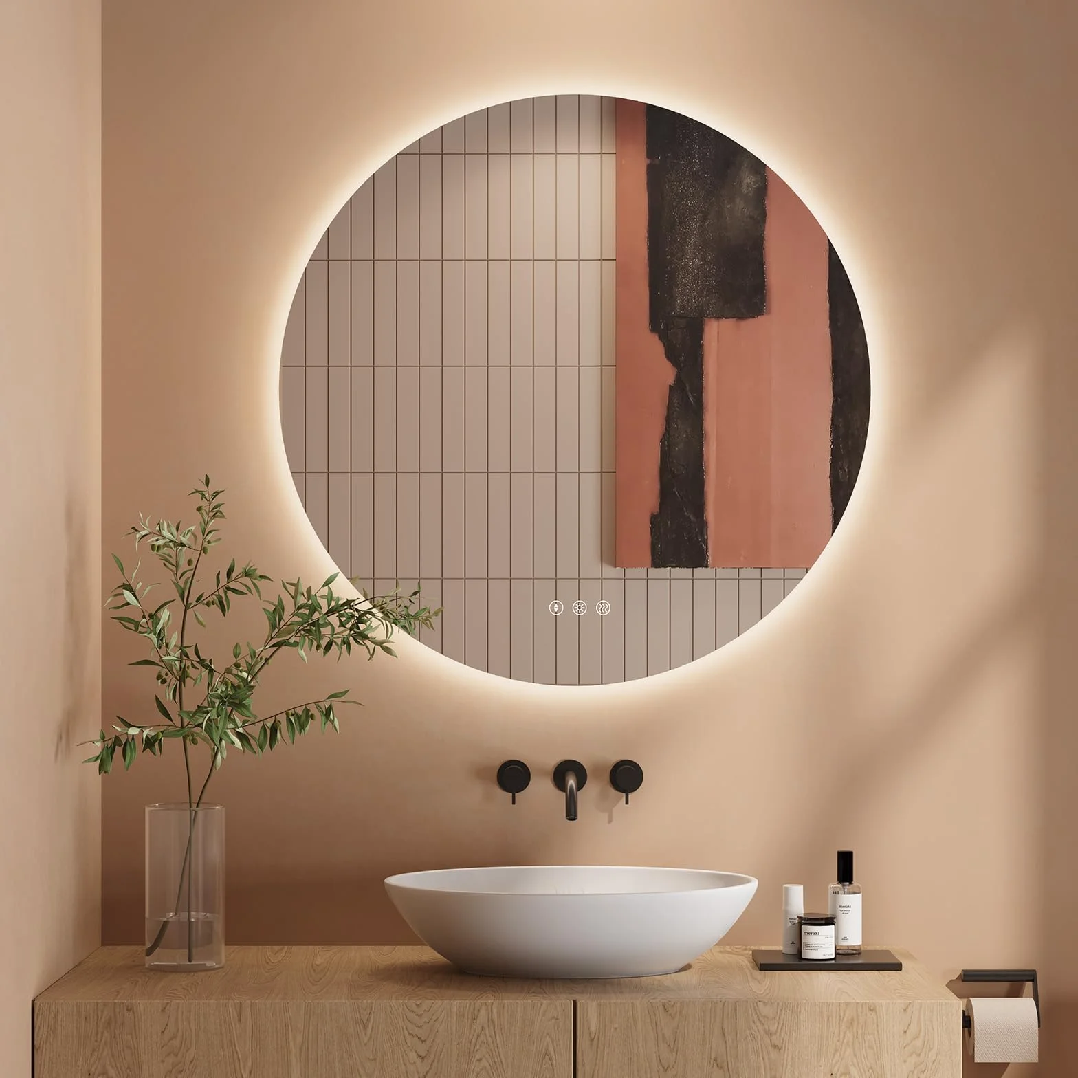 Dripex Espejo Baño con Luz LED, Redondo 70cm Baño Iluminado con 3 Colores de Luz Regulable, Función Antivaho, Vidrio HD con Protección Antiexplosiva, Interruptor táctil,IP44 Impermeable