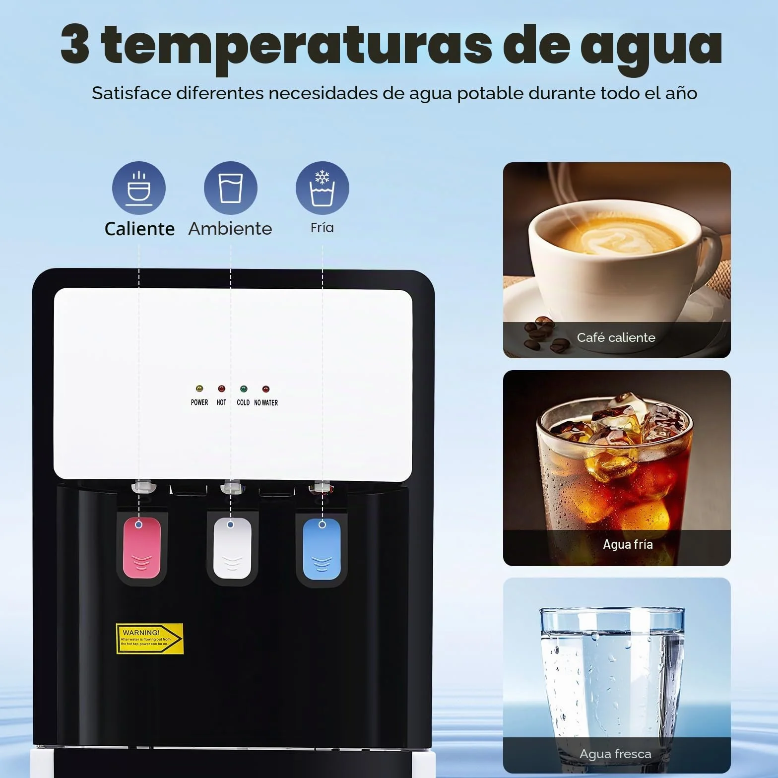 Dispensador de agua con carga inferior, dispositivo de pie con función de calefacción y refrigeración, 3 salidas separadas para agua caliente, fría y temperatura ambiente para el hogar y la oficina