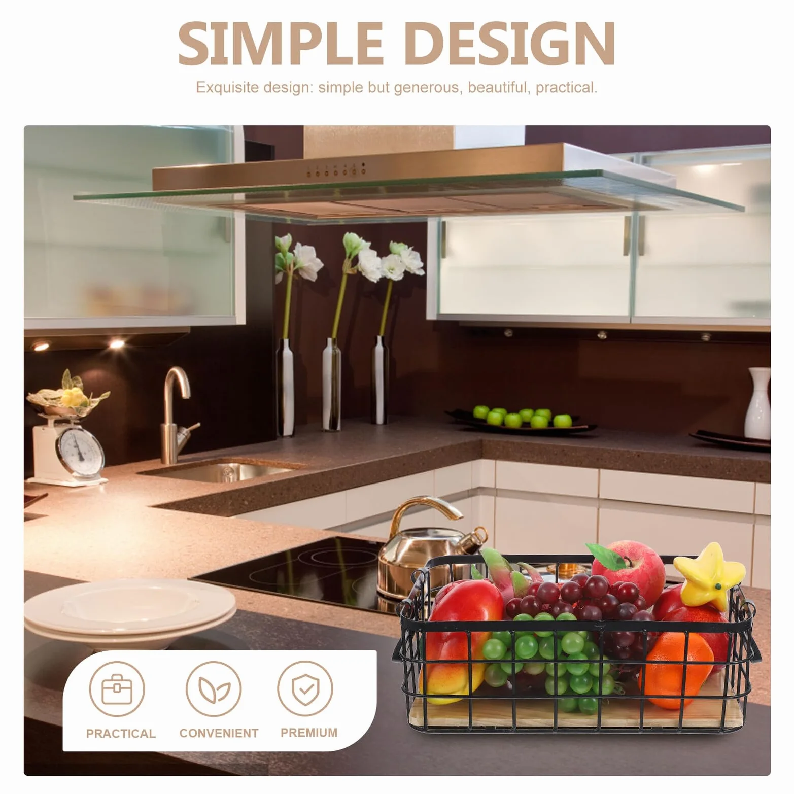 Cesta de Almacenamiento de Alambre Negra Asas de Hierro y Base de Madera | Organizador Multiuso para Cocina y Frutas, Diseño Sencillo y Práctico, Uso en Escritorio Doméstico