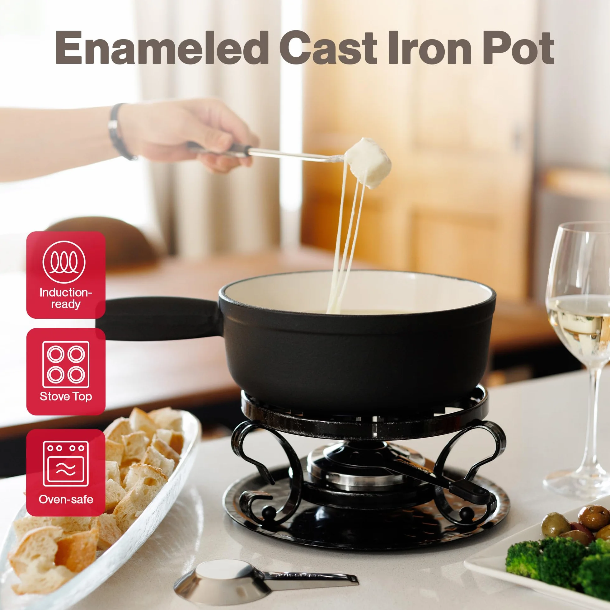 Swissmar KF-66513 Lugano - Juego de fondue de 9 piezas, hierro fundido/acero inoxidable, negro mate, 2 L, juego de fondue multiusos para carne, queso y chocolate, en caja de regalo
