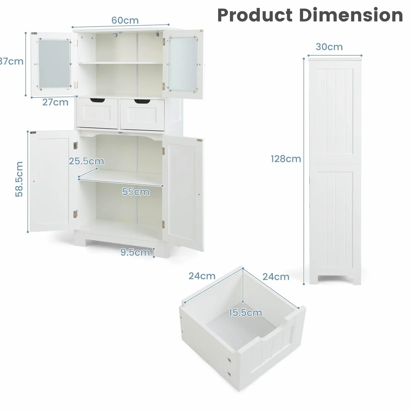 LIFEZEAL Armario Suelo de Baño, Mueble de Baño con Estantes Ajustable, Mueble de Almacenaje con Cajones y Doble Puerta, Mueble Lateral Multifuncional para Cocina (Blanco)