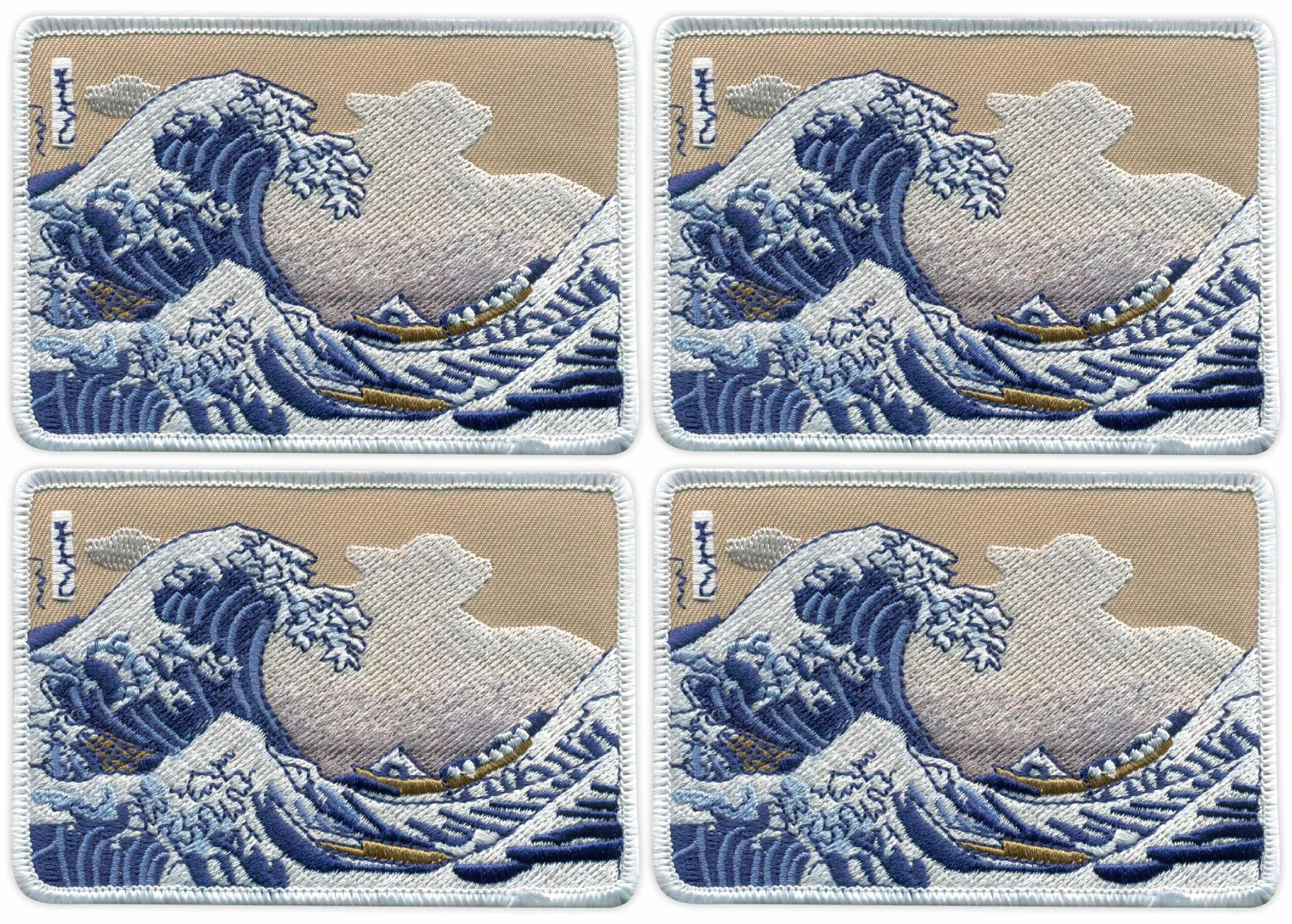 Lote de cuatro - Patchion Hokusai, La gran ola de Kanagawa, Tsunami de Japón - Compatible con VELCRO® negro - Parche/Insignia/Emblema bordado