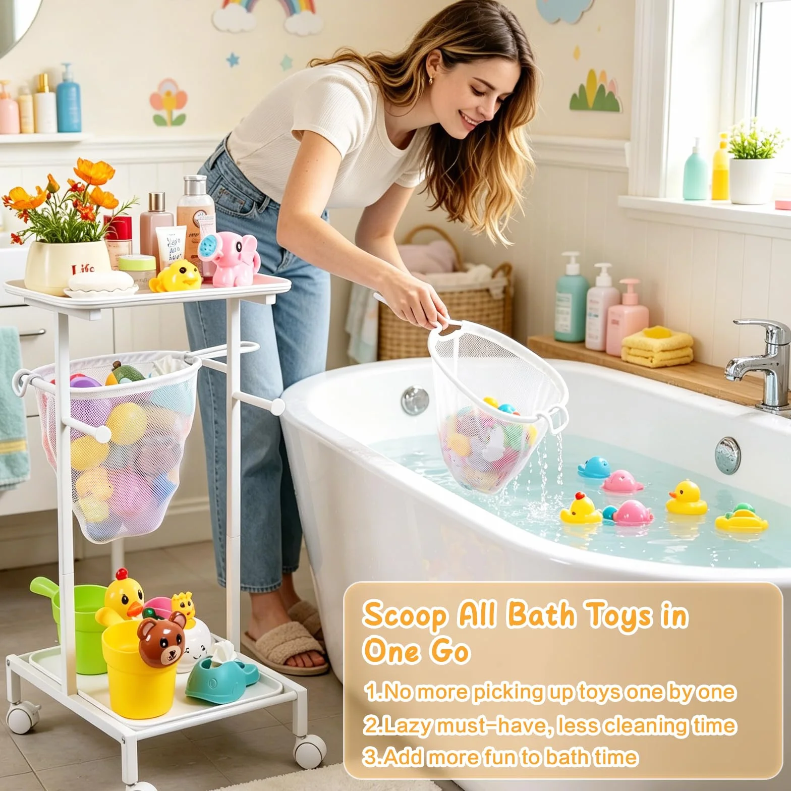 Organizador Juguetes de Baño - Carrito para Juguetes de Bañera con Ruedas | Carrito de almacenamiento para juguetes de baño de bebé, con 2 redes de secado rápido y estantes de ducha portátiles.