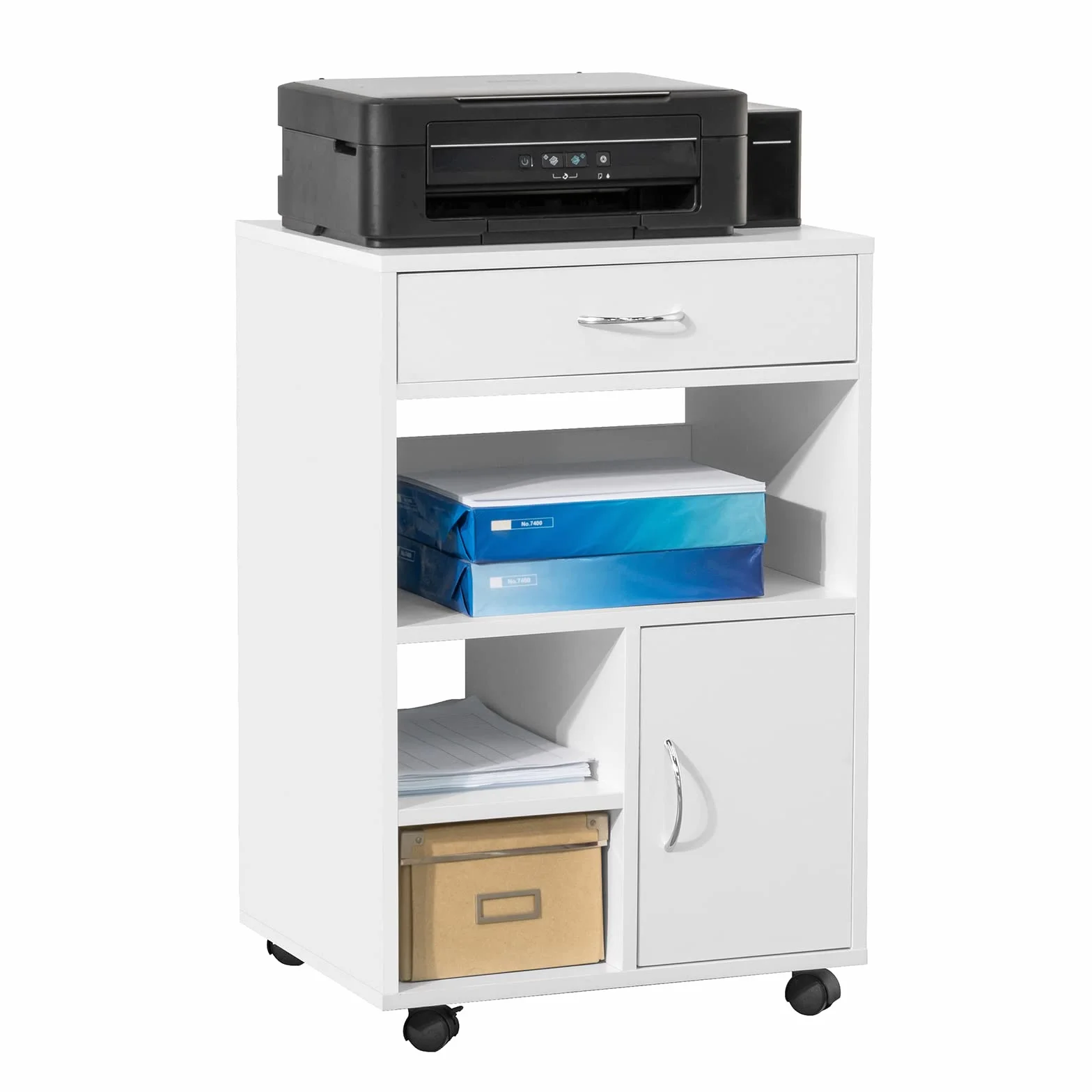 SoBuy Mueble para Impresora con Ruedas - Cajonera de Oficina, Mesa Auxiliar con Ruedas, Armario Auxiliar para Oficina y hogar, Mueble Multifuncional Blanco 50x40x75cm FBT106-W
