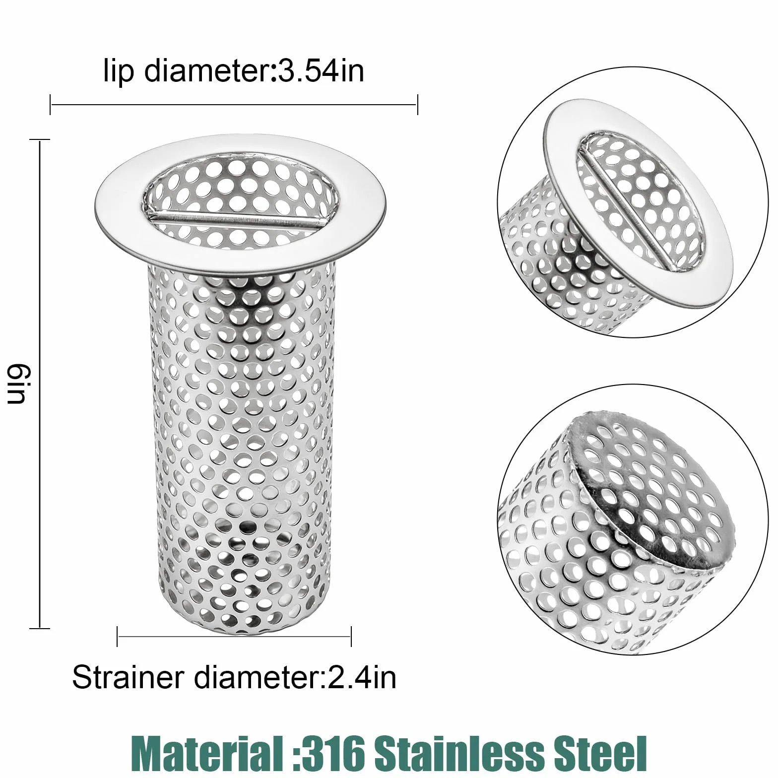 Colador de drenaje de suelo comercial de 3 pulgadas, 6 pulgadas de alto con asa de transporte, filtro de drenaje de piso de acero inoxidable 316, cesta de drenaje finamente pulida para fábrica,