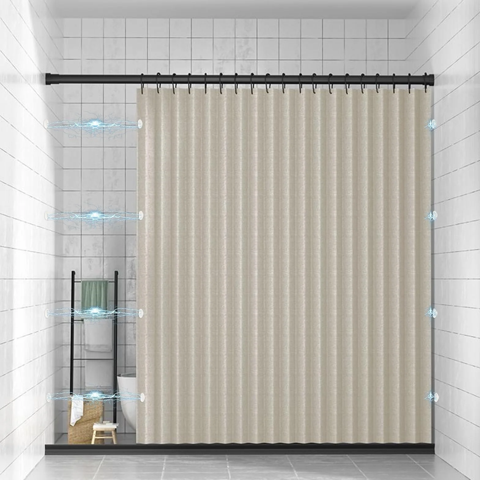Cortina de Ducha Magnética Plegable, Impermeable y Antimoho con Gancho, Lavable, de Tela Resistente para Baño, 220g/m², Beige, 150x200cm