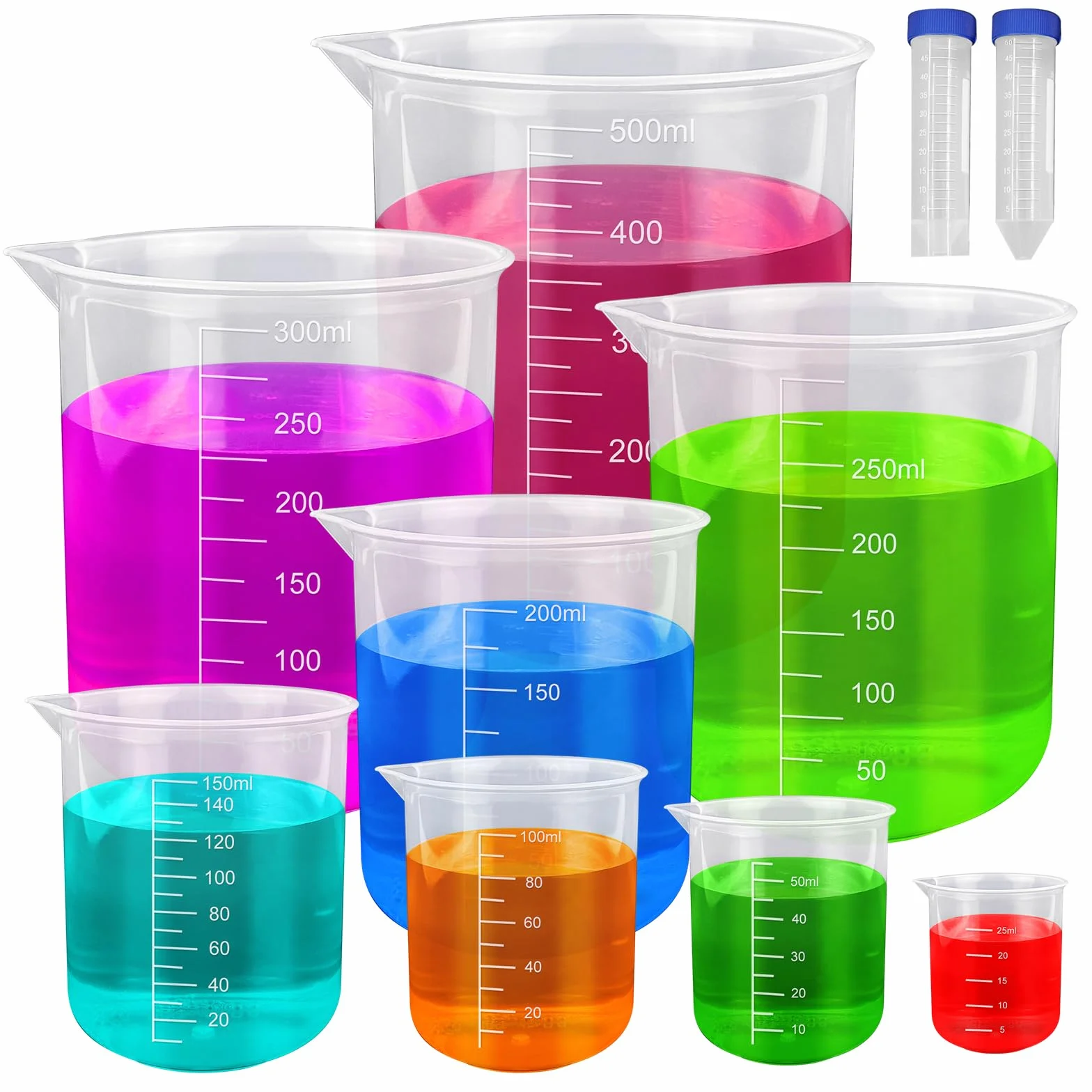 Juego de 10 vasos medidores de laboratorio 25/50/100/150/200/250/300/500 ml de plástico con tubos de centrífuga
