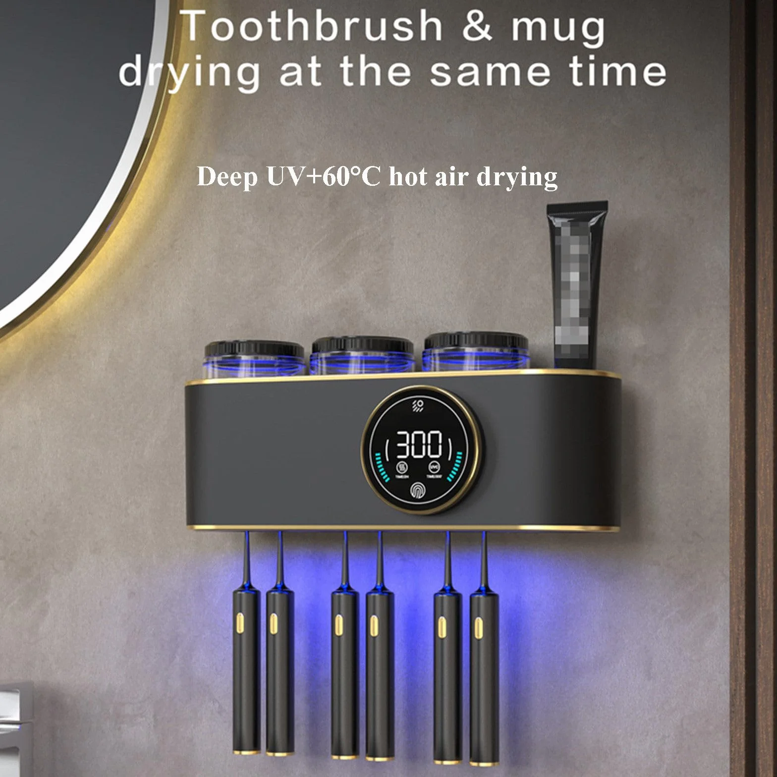 Soporte Inteligente para Cepillo de Dientes, esterilizador de Pasta de Dientes de Secado automático, Set de Accesorios de baño para el hogar con dispensador de Pasta de Dientes,Black-C
