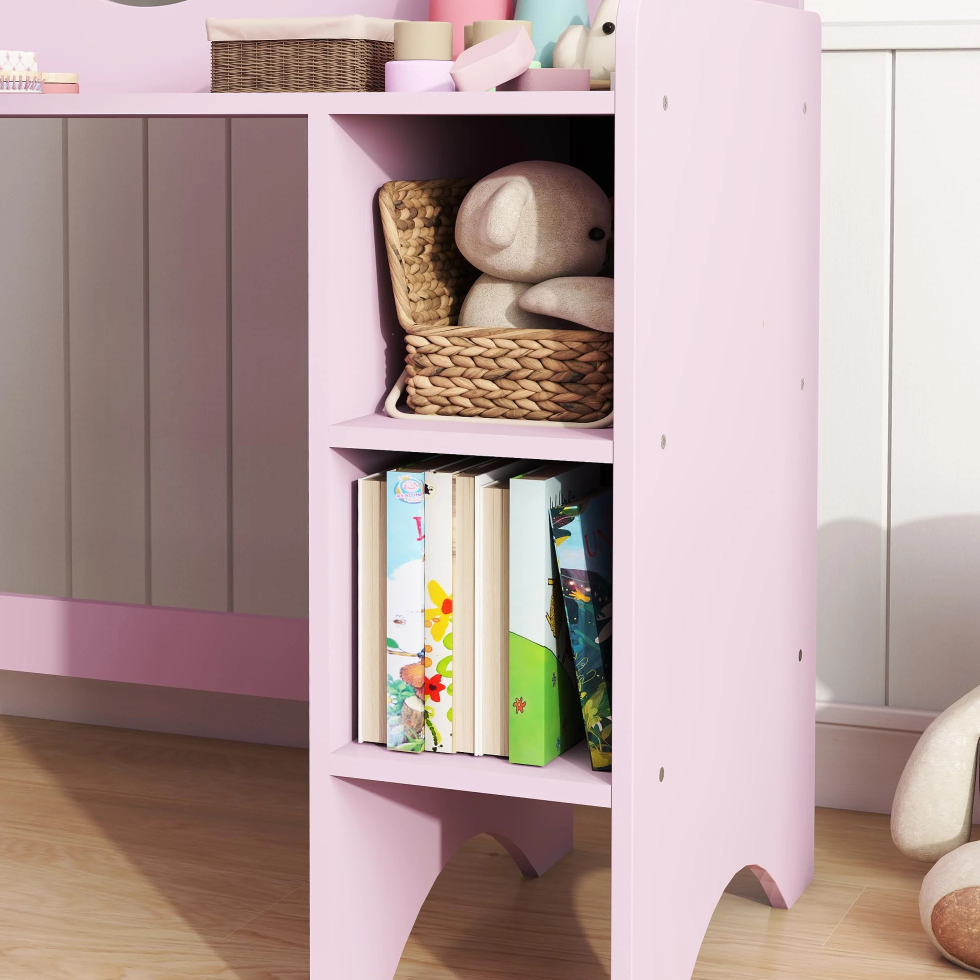 AIYAPLAY Tocador de Maquillaje Niña 2 en 1 Escritorio Infantil con Taburete Espejo Flor Estantes Abiertos Morado