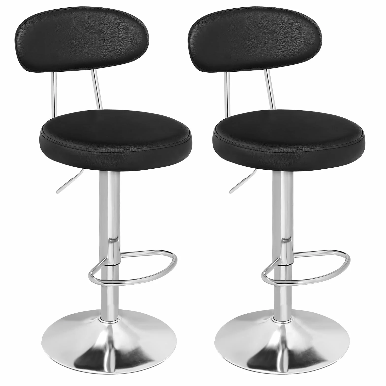 HOOBRO Taburetes de bar, juego de 2, sillas de bar de PU, altura ajustable, asientos de cocina giratorios de 360°, con respaldo y reposapiés, asiento acolchado de espuma, negro ESB33BYP201