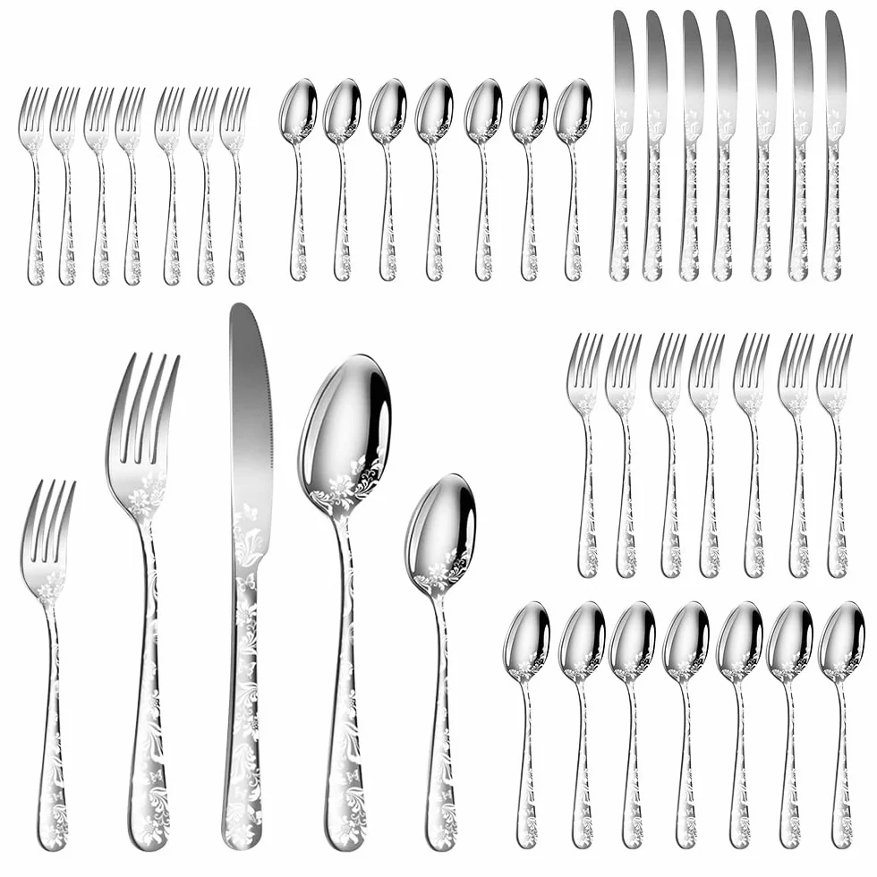 Juego de Cubiertos de 40 Piezas, Cubiertos de Acero Inoxidable con Hermoso Patrón para Uso Diario, Fiestas, Ligeros (SILVER)
