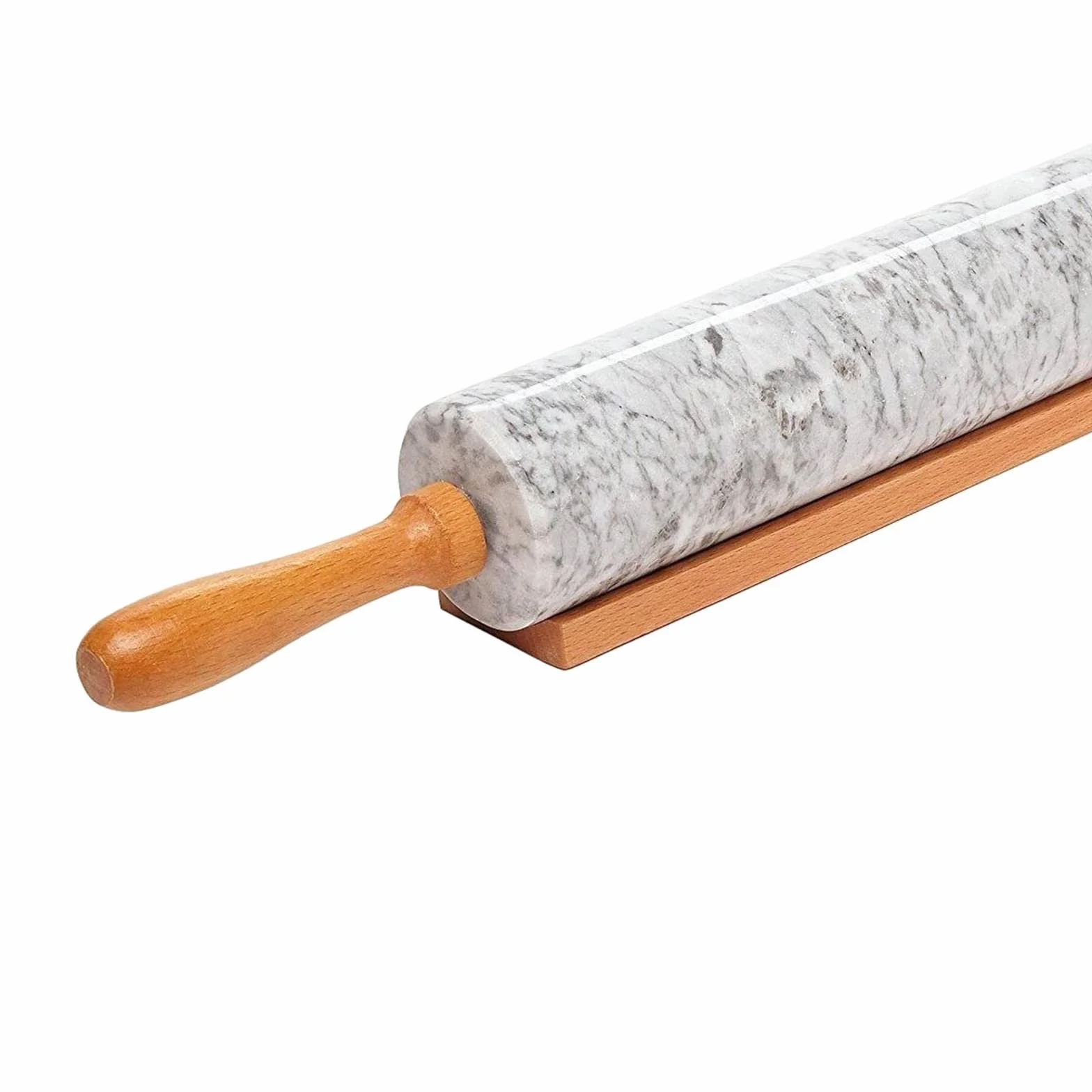 Rodillo de Mármol con Y Base de Madera para Hornear Pasteles Y Pizzas. Fácil de Limpiar. Rodillo Antiadherente para Tartas Y, Blanco, Individual