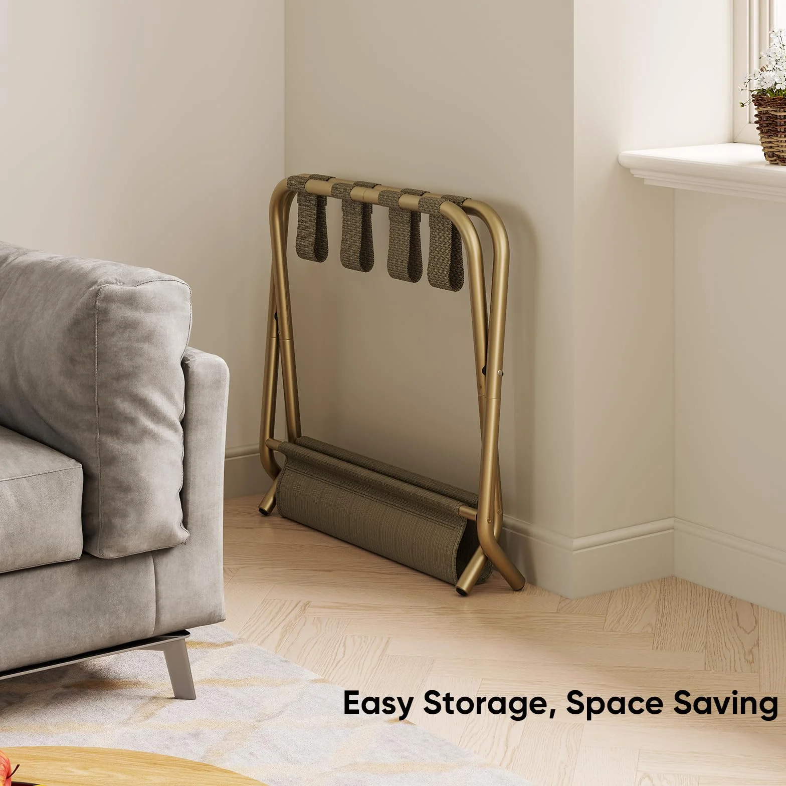 Smart FENDEE - Portaequipajes para habitación de invitados, soporte plano plegable con estante de tela, soporte de equipaje portátil de acero, recámara, hotel, fácil montaje, soporta hasta 100 libras,