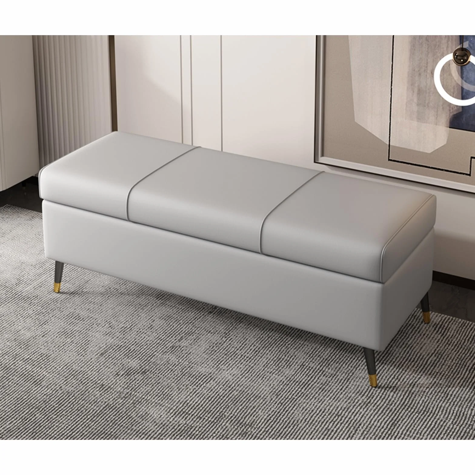 LUUYYI Otomana extra larga de piel sintética blanca con almacenamiento, elegante mueble rectangular de piel sintética para sala de estar y dormitorio, ideal para pies de cama S (gris-a-140 cm)