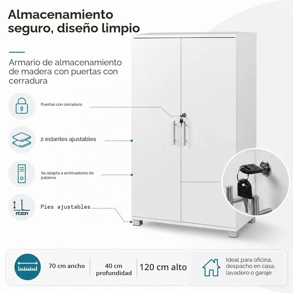 MMT - Armario de Almacenamiento de Oficina, Madera Blanca, 120 cm de Alto, con Cerradura, para Oficina, Garaje, Utilidad.