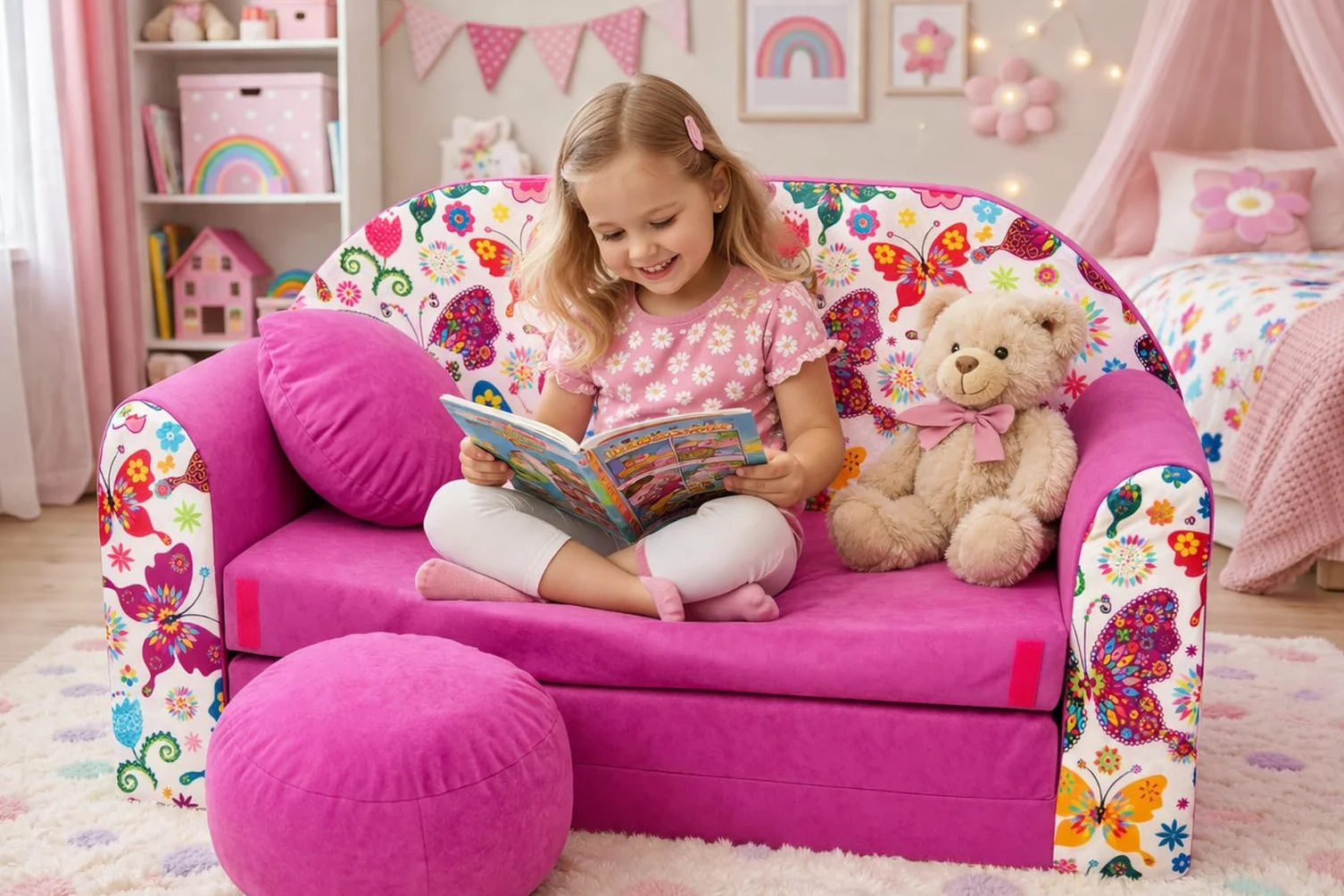 Un sofá Plegable para niños con función de Dormir con Colchón, Cojín y Puf Desenfundables - 98x168x59 cm - Ligero y Fácil de Plegar - M33 Rosa - Mariposas