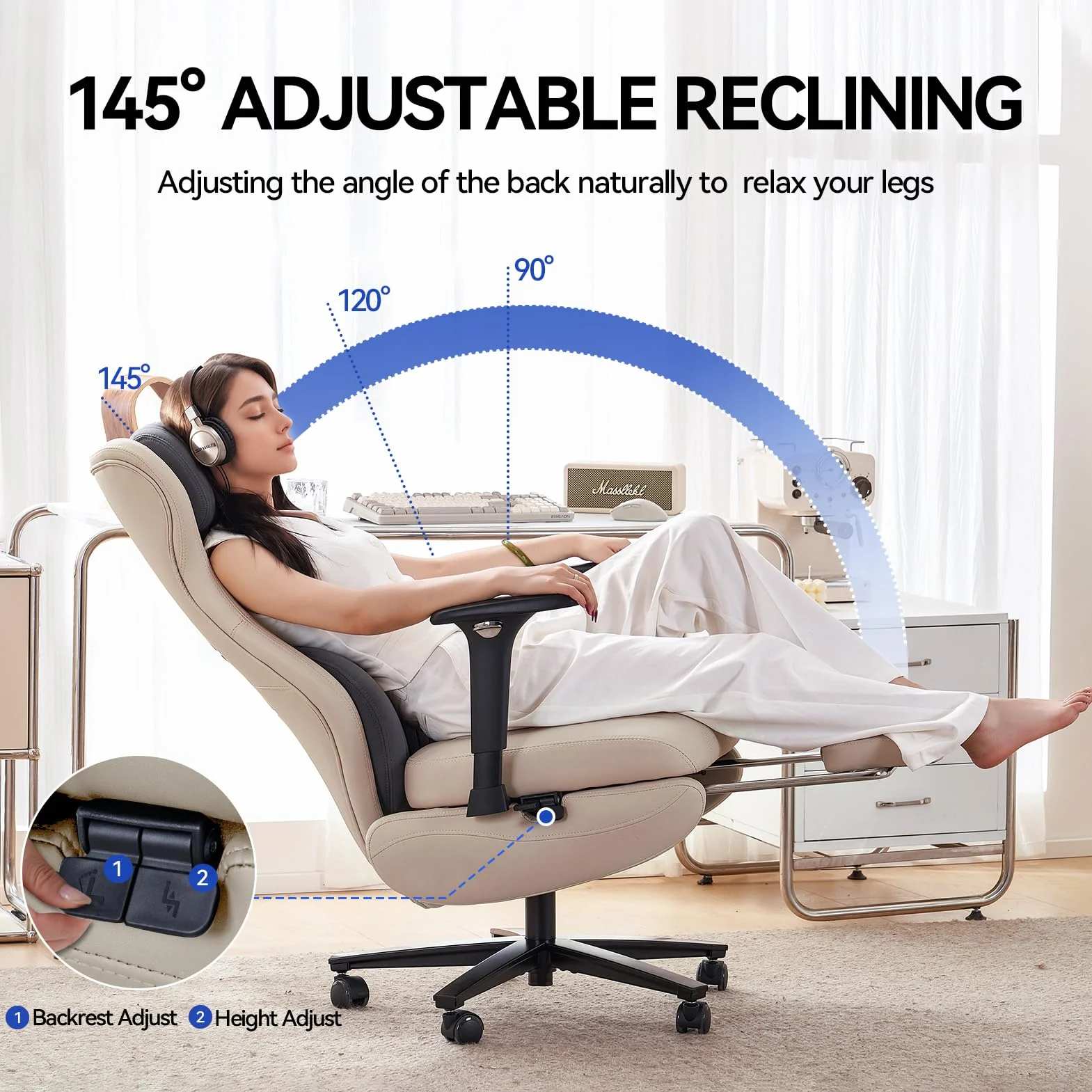 EMIAH Silla Oficina Ergonómica, Silla de Escritorio Reclinable con Reposapiés, Reposabrazos Ajustables, Silla Game de Respaldo Alto, Silla de Ordenador Ejecutiva con Soporte Lumbar, Cuero PU (Blanco)
