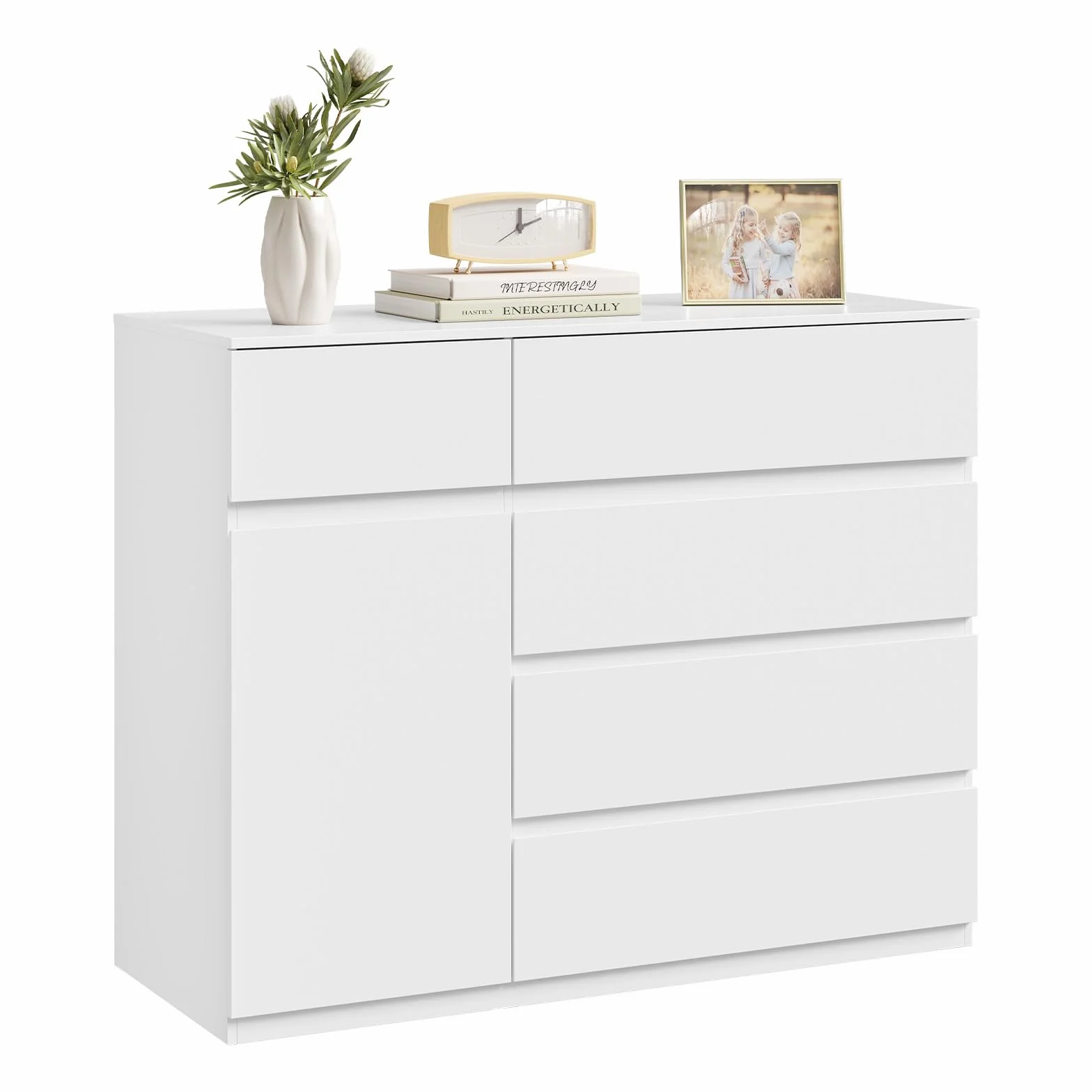 WOLTU Cómoda Cajonera de 5 Cajones y 1 Puerta con Estante Ajustable, Cajonera Organizador de Almacenamiento, para Dormitorio, Salón y Pasillo, 100x40x80 cm, Blanco