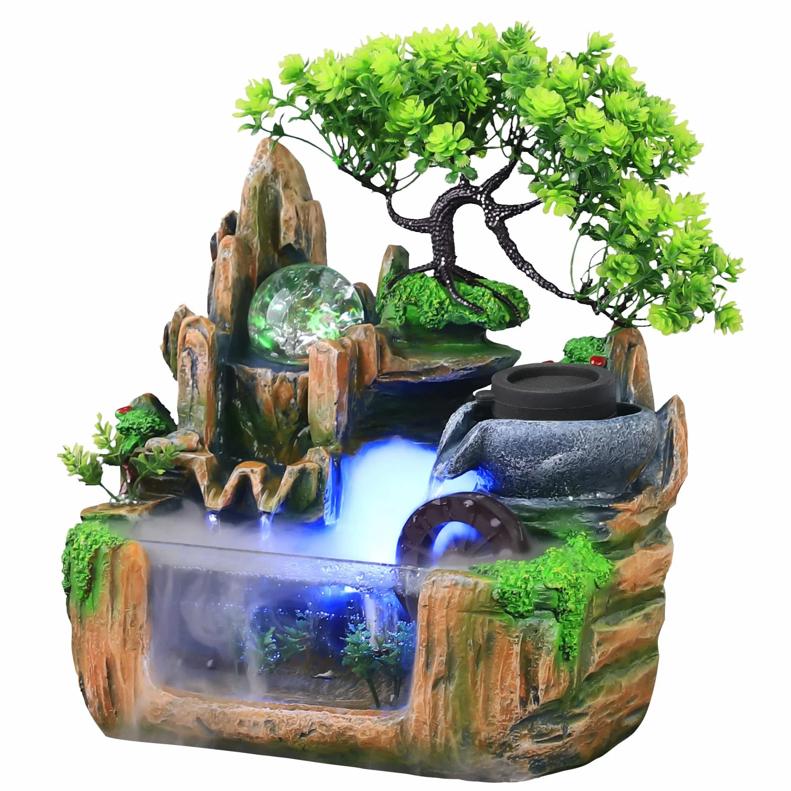 Fuente de mesa de cascada, 220 V, resina con luz LED, pequeña fuente de agua rocosa para interior con lámpara LED, efecto atomizador, 25 x 15 x 27 cm