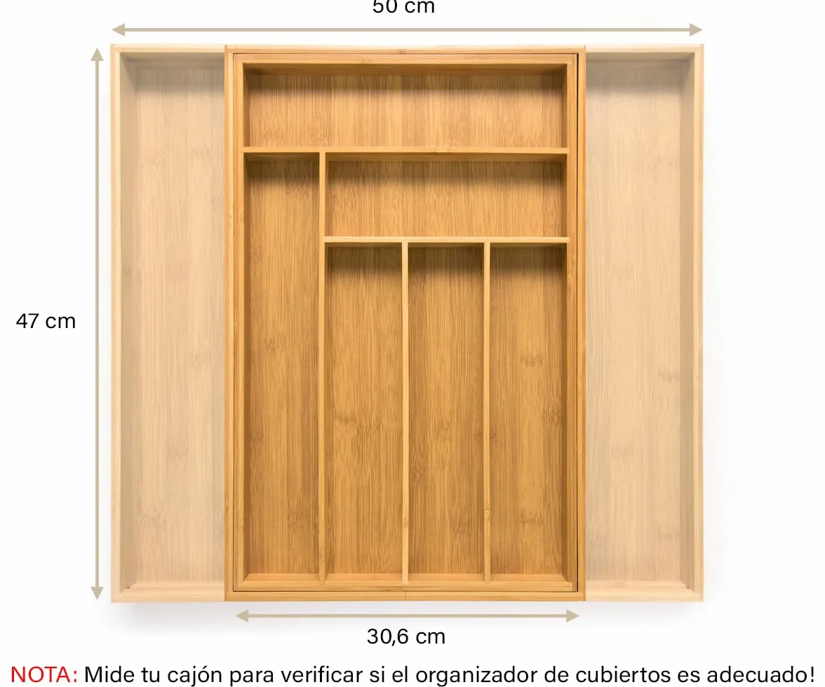 Bandeja para Cubiertos Extensible de Bambú 47 cm, Organizador de Cubiertos Ajustable para Cajón
