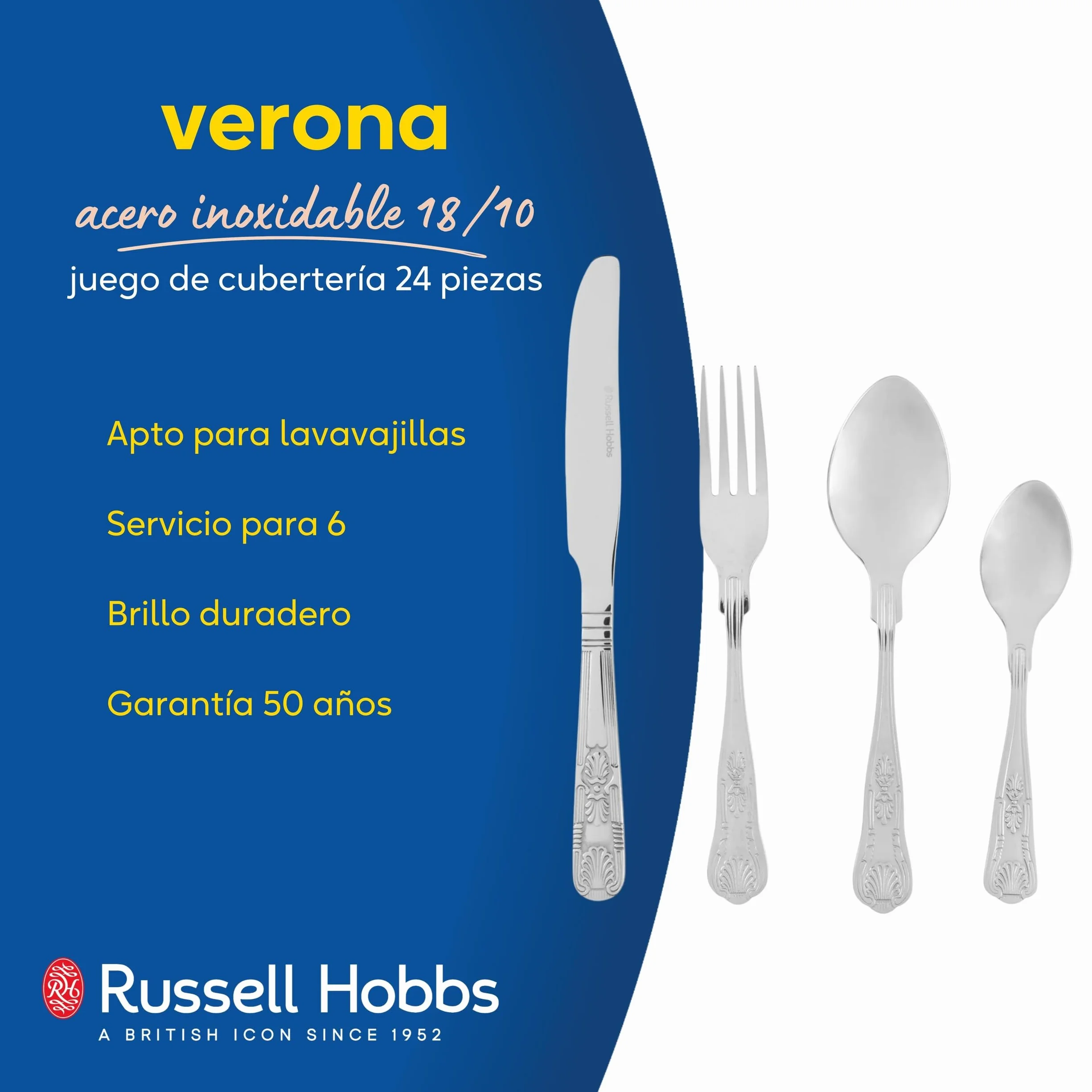 Russell Hobbs Verona Cutlery Set – 24 Piece 18/10 Stainless Steel, Table Utensils for 6 Place Settings, Dishwasher Safe, Forks/Knives/Spoons/Teaspoons Included in Set, 50 Year Guarantee