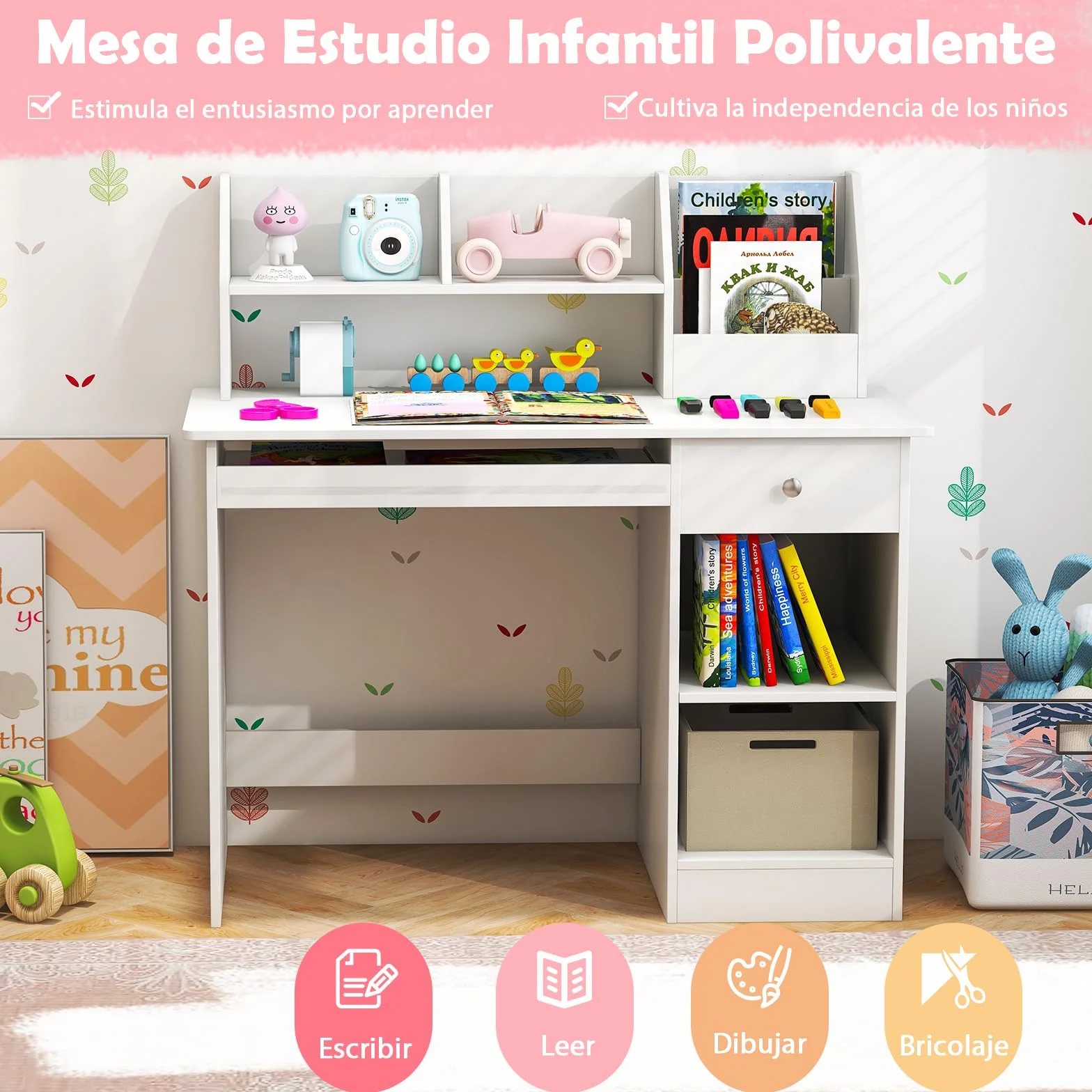 GOPLUS Escritorio Infantil de Madera con Cajón, Mesa Juvenil 3 en 1, 90 x 45 x 90 cm Blanco