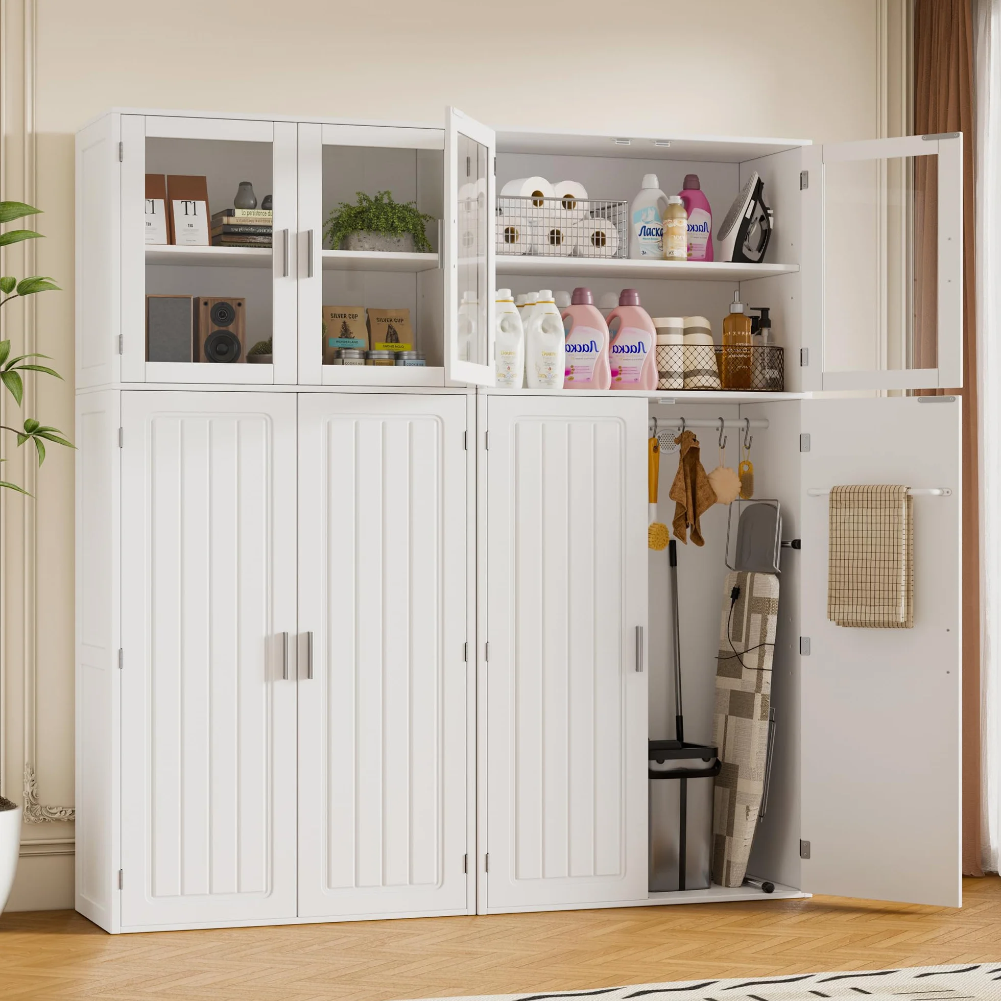 Armario Escobero Multiusos,180 x 70 x 30cm Armario Limpieza con 1 Estante ajustable,Armarios para Aspiradora de Madera,Armarios para el Hogar con Ventana de Acrílico,para cocina,salón,comedor y garaj