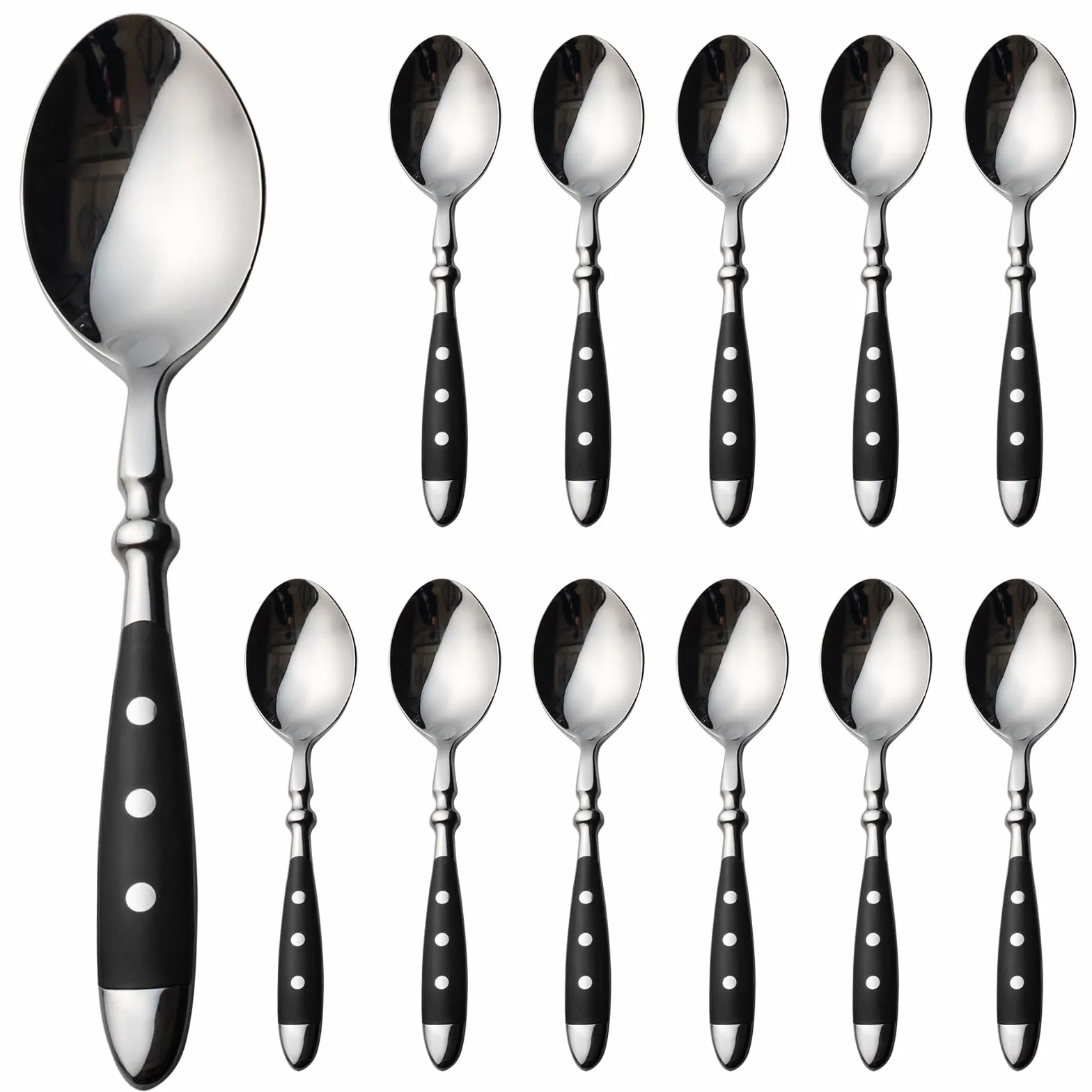 Alata Cucharas de sopa, 12 unidades, cucharadas de acero inoxidable, asas negras, cucharas de mesa pulidas con espejo, cubiertos para el hogar, restaurante, hotel, uso diario, serie Berlin