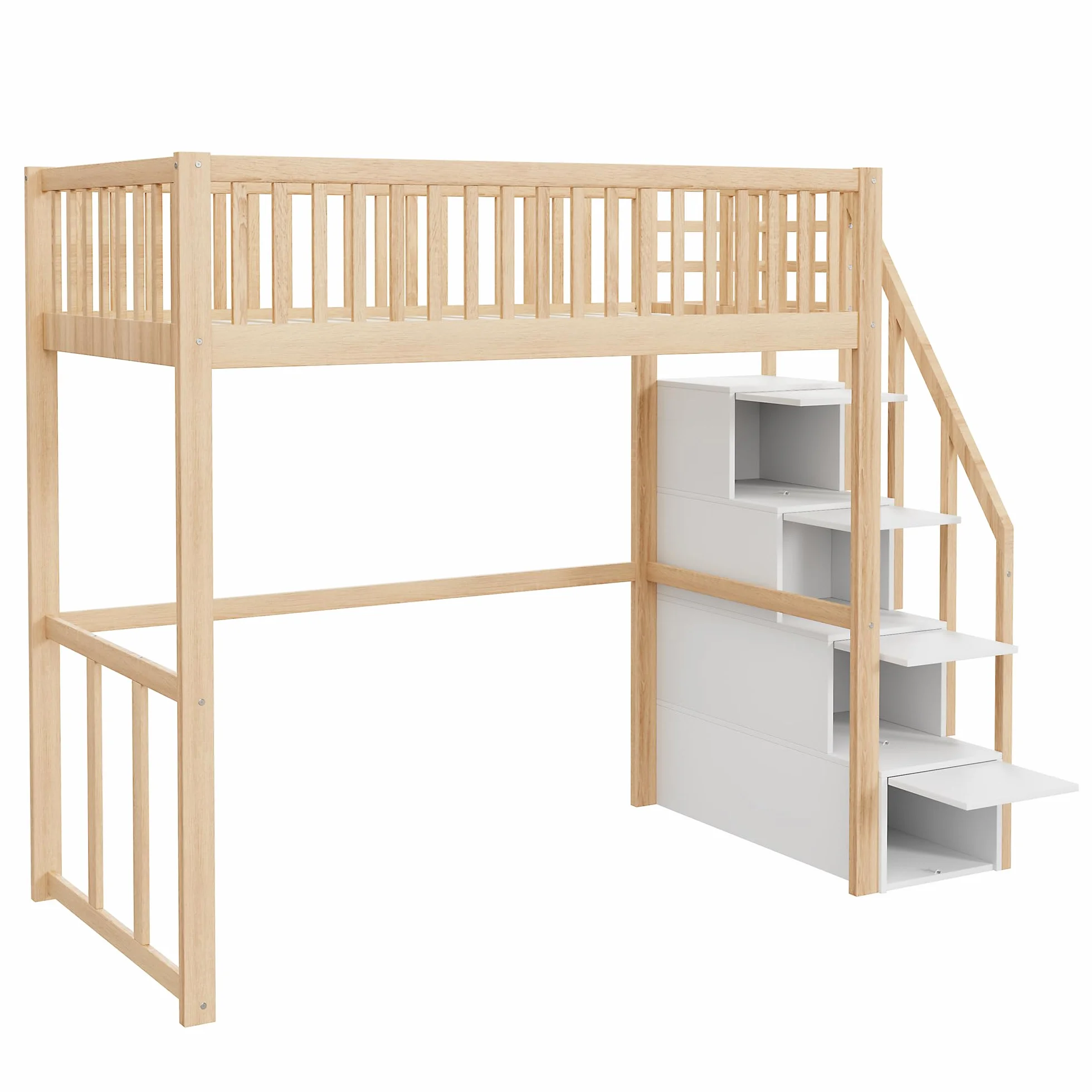 Moimhear Cama alta 90 x 200 cm con escalera de almacenamiento de seguridad, estructura de cama de pino macizo para niños y jóvenes (color madera + blanco)
