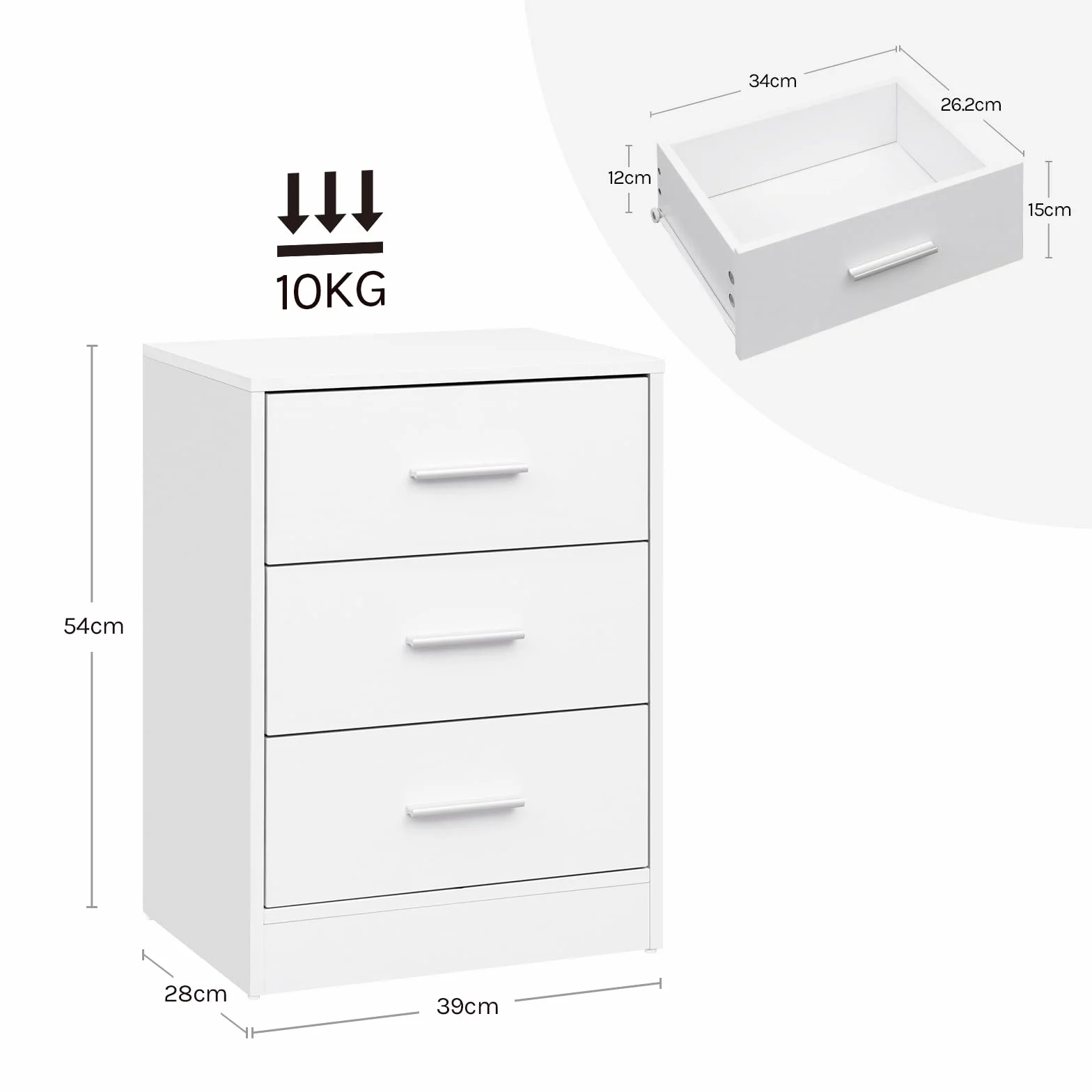 WOLTU Juego de 2 Mesitas de Noche con 3 Cajones, Mesillas para Dormitorio, Estilo Moderno, Estructura de Madera, 39 x 28 x 54 cm, Blanco NTS26ws-2