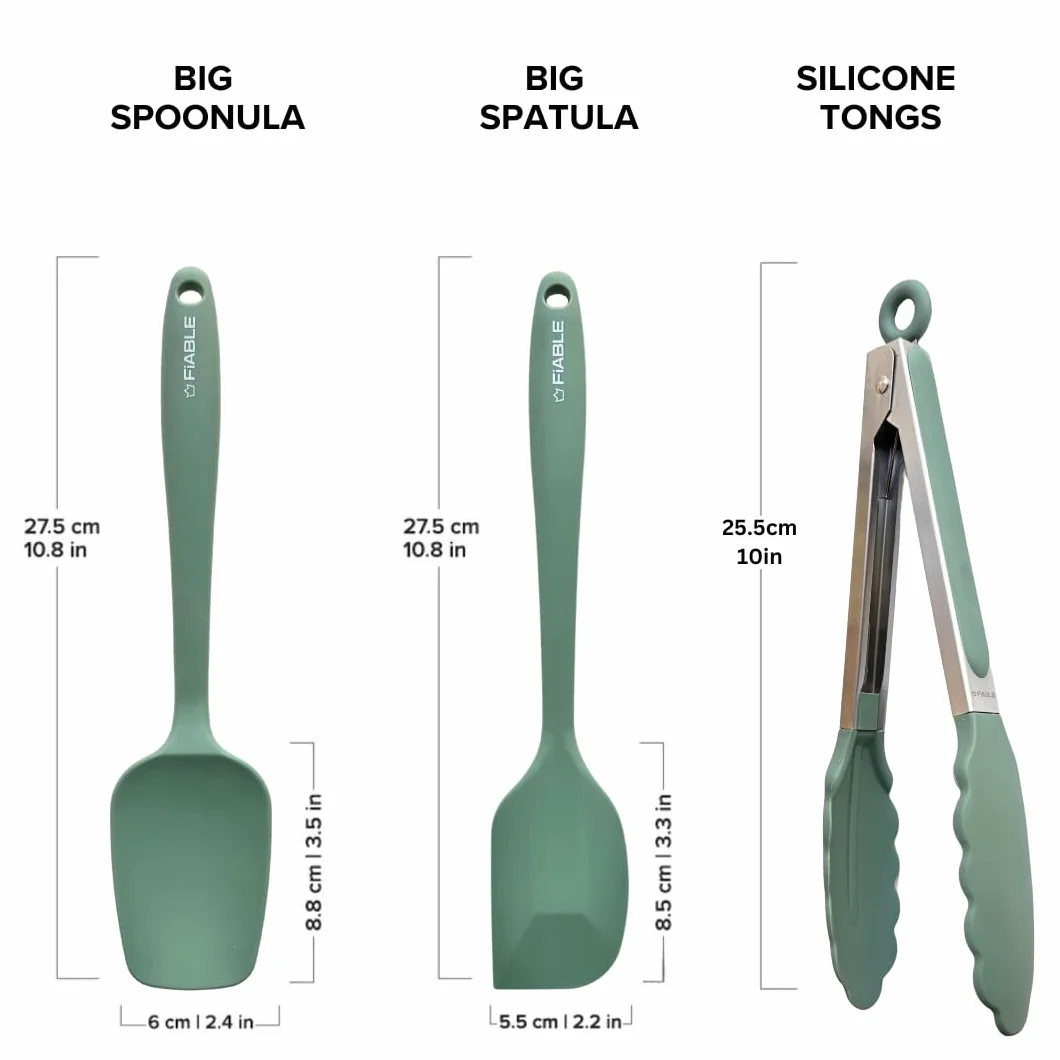 FiABLE Juego de espátulas y pinzas de silicona de alta calidad, resistentes al calor, diseño sin costuras, juego de 3, pinzas y espátulas verdes