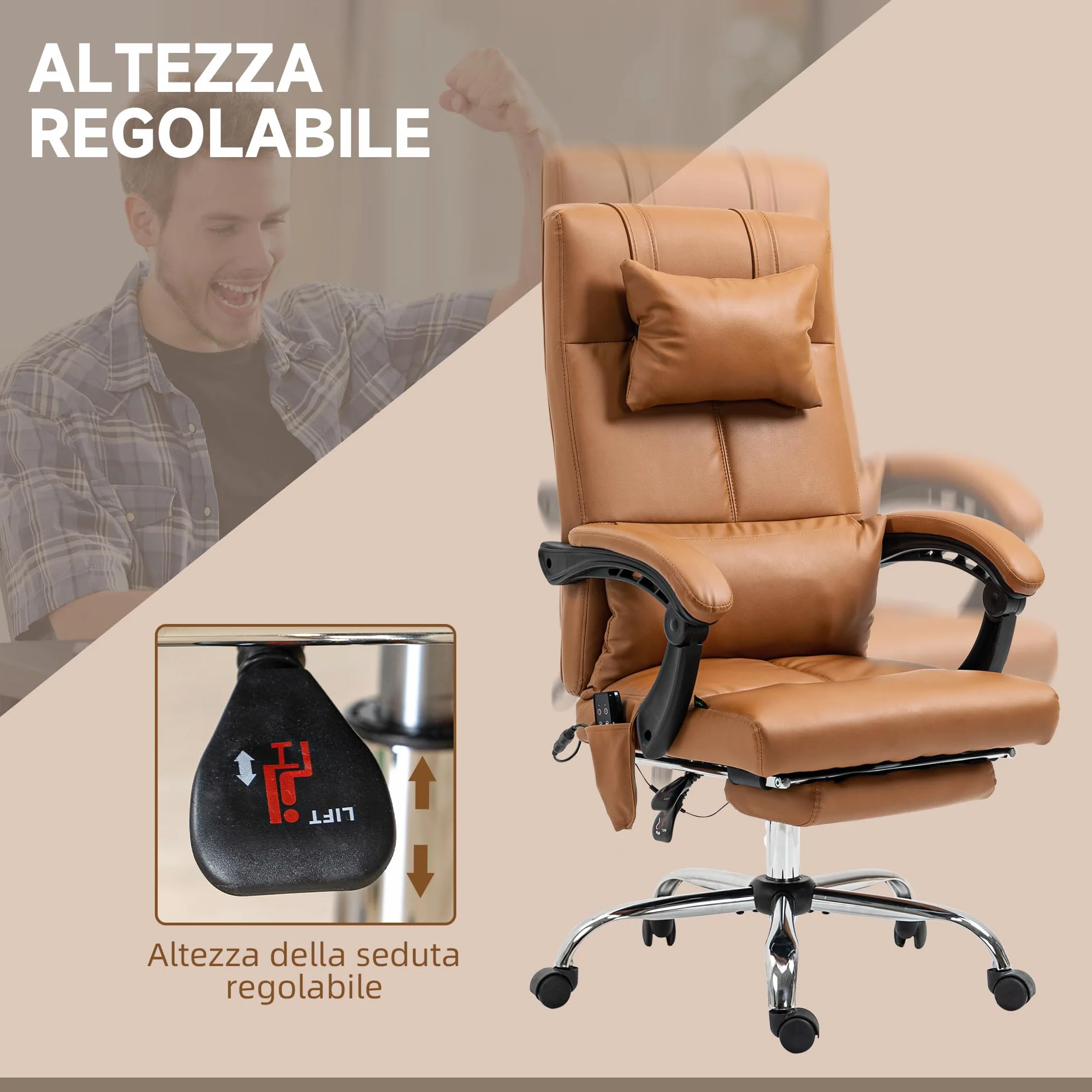 Vinsetto Silla de Oficina Ergonómica con Masaje y Calefacción, Silla de Escritorio Reclinable de Altura Ajustable con Respaldo Alto y Reposapiés, Cuero de PU para Ordenadores, Marrón Claro