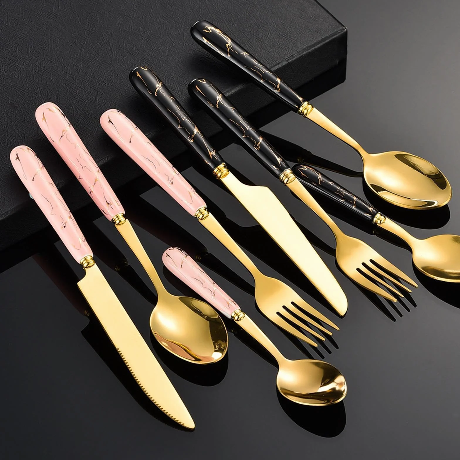 25 Piezas Vajilla de Cubiertos Acero Inoxidable Cerámica Ergonómica Pulido Soporte Colgante para Cenas Fiestas Y Hogar, Oro Blanco, Individual