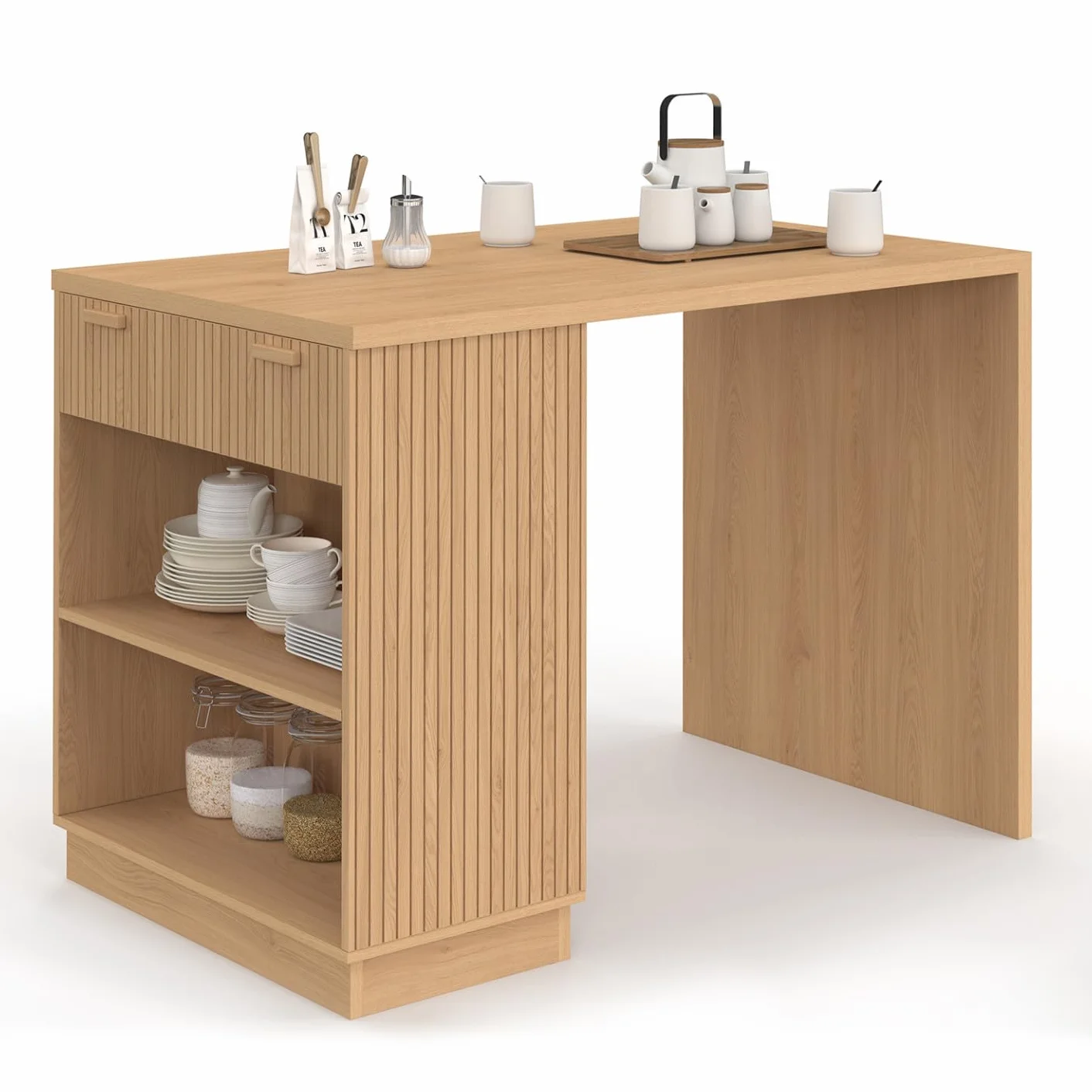 IDMarket – Ilot Central - Comedero de pie para 4 personas, Julieta 130 cm, listones de madera, color roble