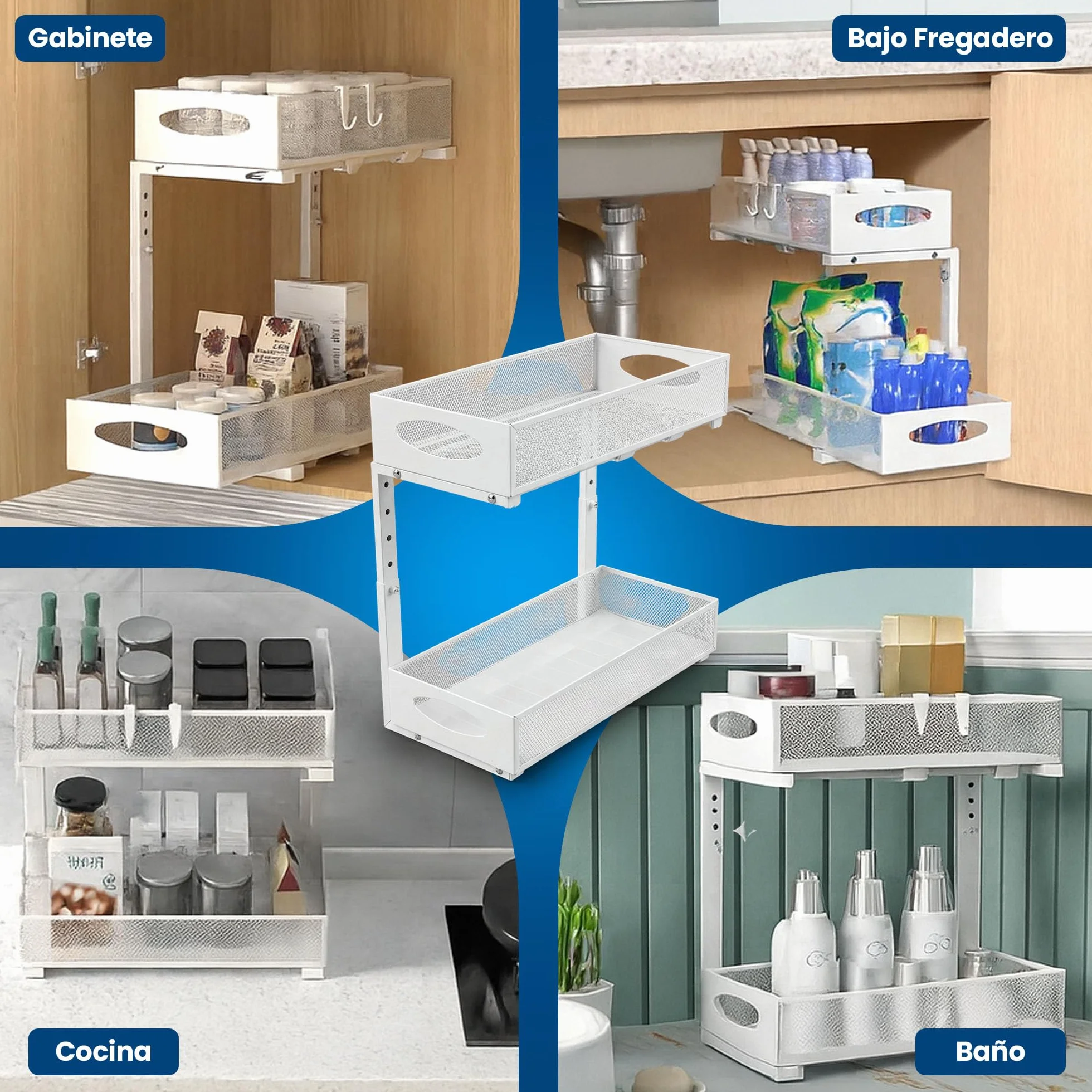 MARFRAND Organizador Bajo Fregadero. Organizador Armario Cocina. Bandeja Extraible Armario. Con accesorios anti vuelco. Incluye Colgador para Esponja de Cocina para Fregadero.