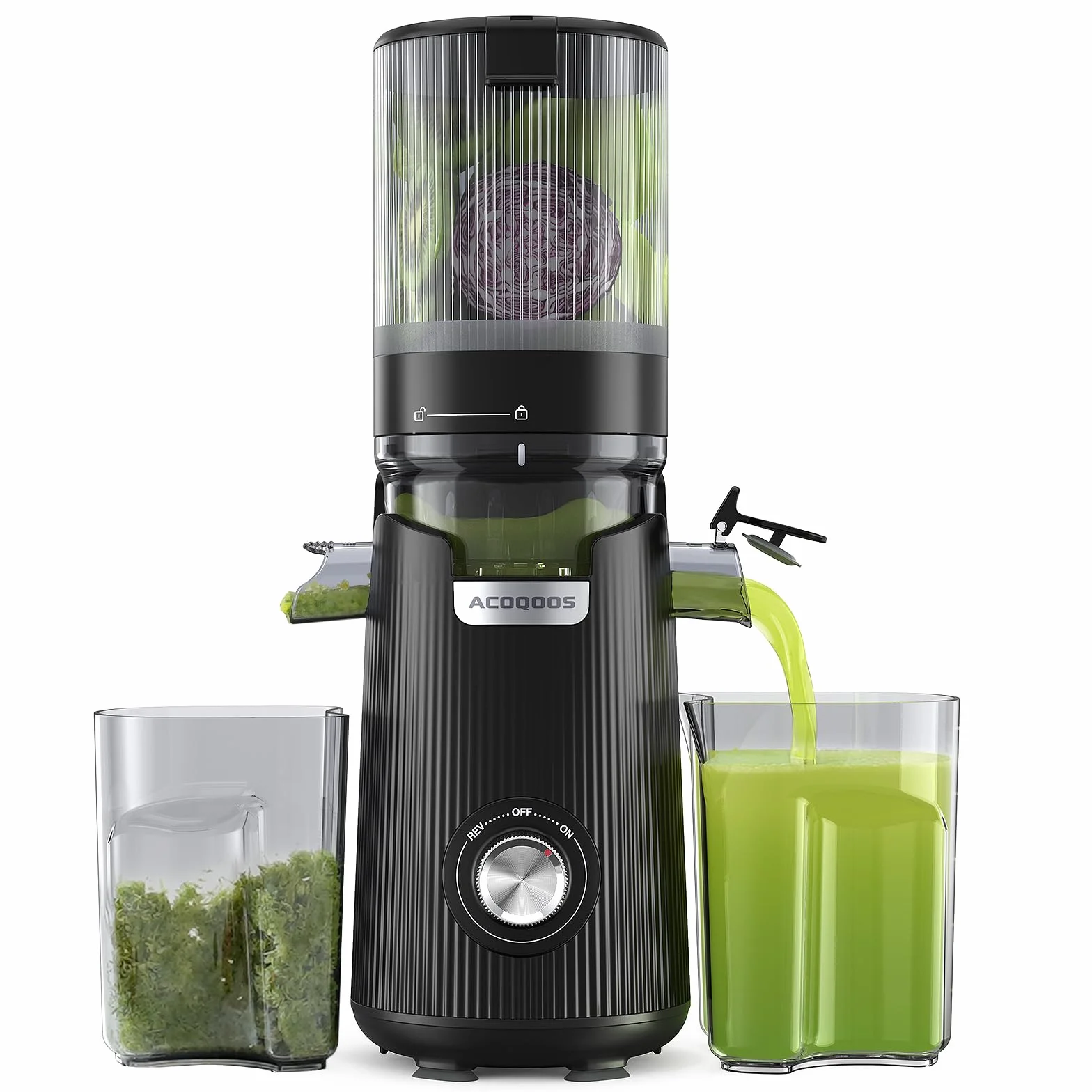 ACOQOOS Extractor de Zumos y Verduras con Tubo de Alimentación Ancho de 135 MM y Capacidad de 1,8 L, Licuadora Prensado en Frio para Frutas y Verduras Enteras, Negro