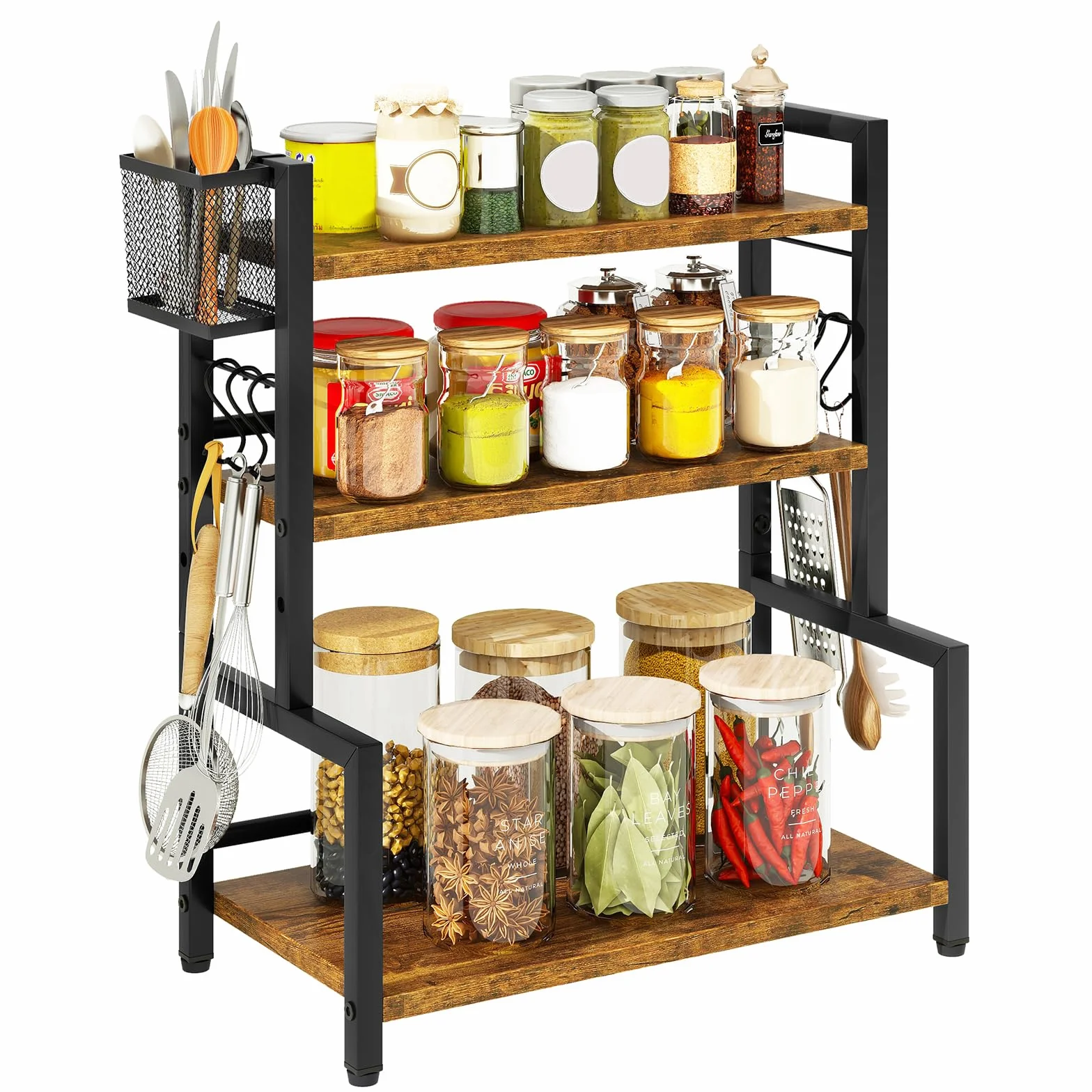 YMYNY Estante para Especias con Cesta Metálica, Estante de Encimera para Armario, Organizador con 6 Ganchos, Soportes para Botes de Especias, Para Cocina, Baño, 43 x 24 x 53CM Marrón Rústico HSR006H